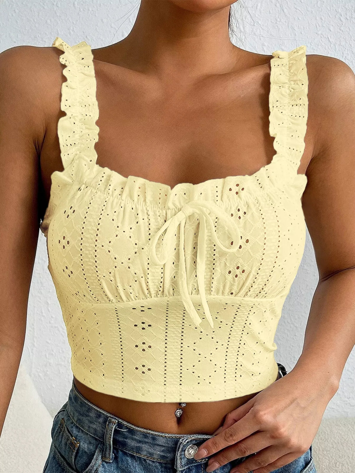 Eyelet tie-front tank, yellow front