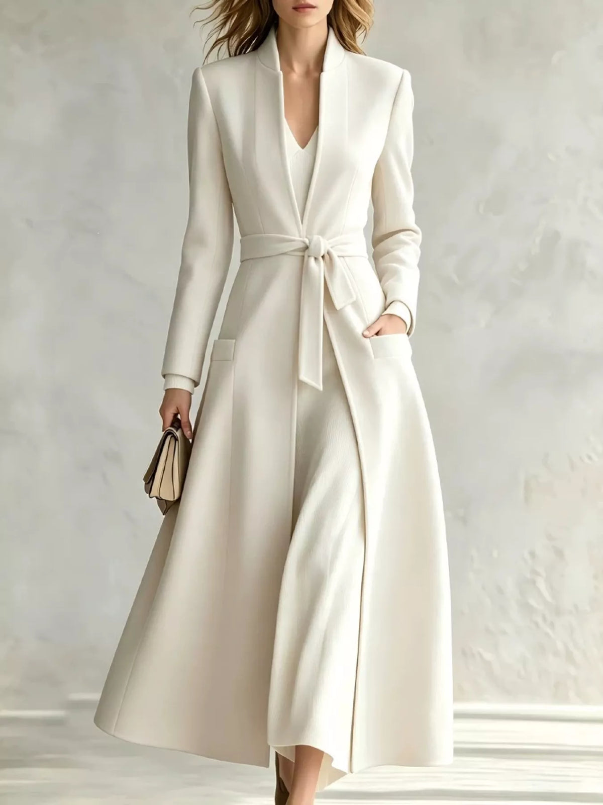 White tie waist long sleeve coat — front view