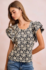 Trendsi BiBi Floral Jacquard Ruffle Sleeves Knit Top -