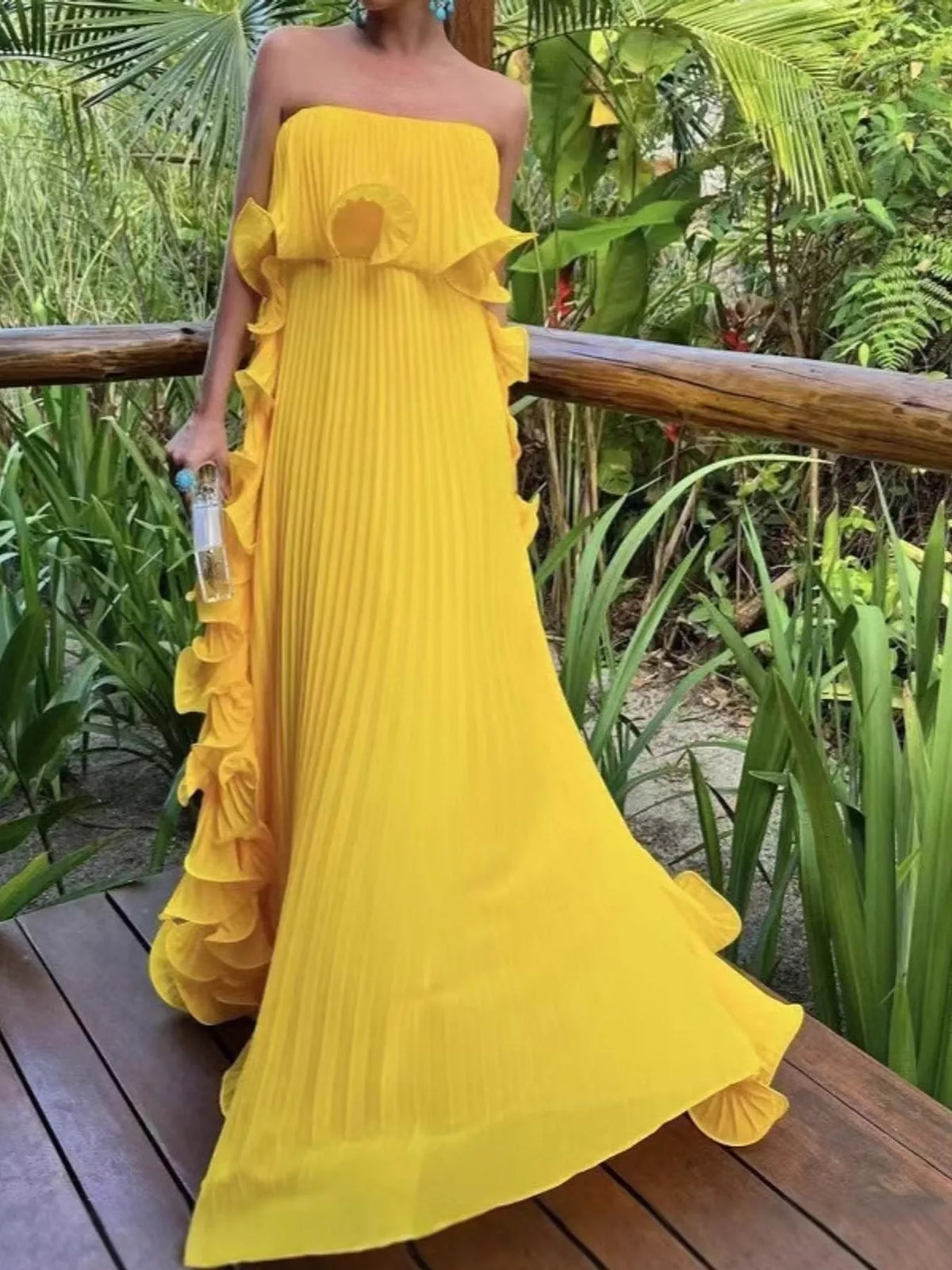 Ruffled Strapless Pleated Maxi Dress — front view