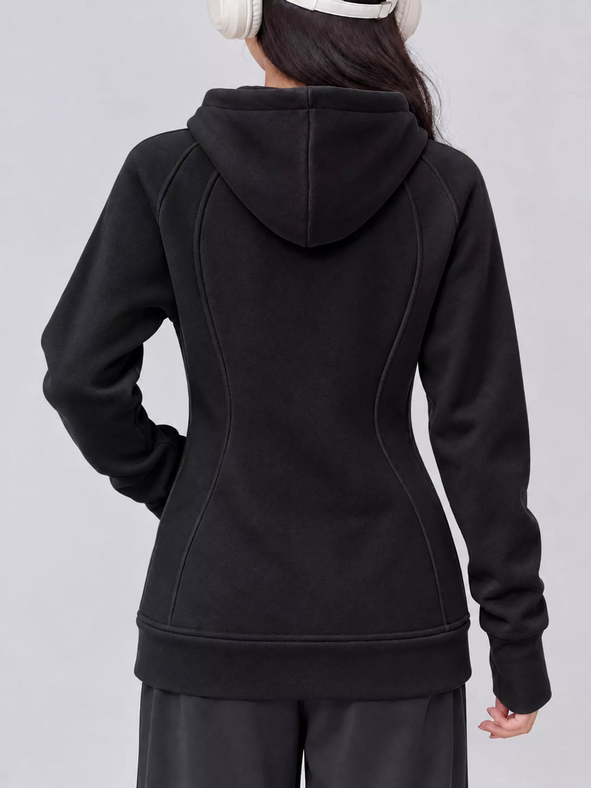 Slim-Fit Full-Zip Thumb Hole Long Sleeve Hoodie with Pockets — back view