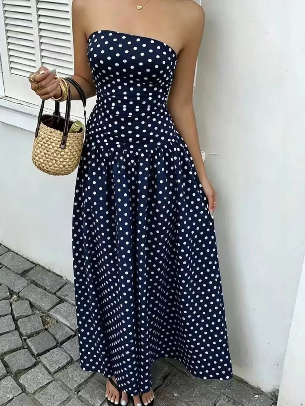 Women's Strapless Polka Dot Ruched Maxi Dress in navy dots — front view