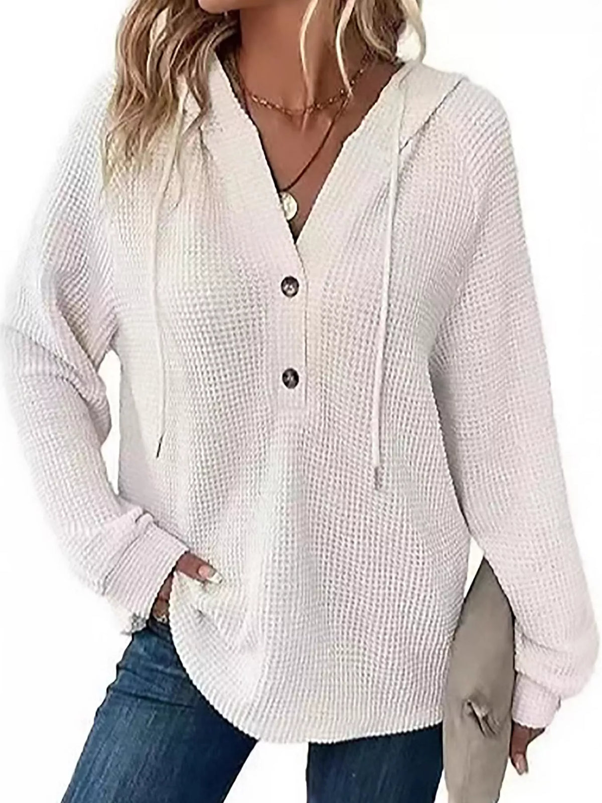 White waffle knit button-detail hoodie