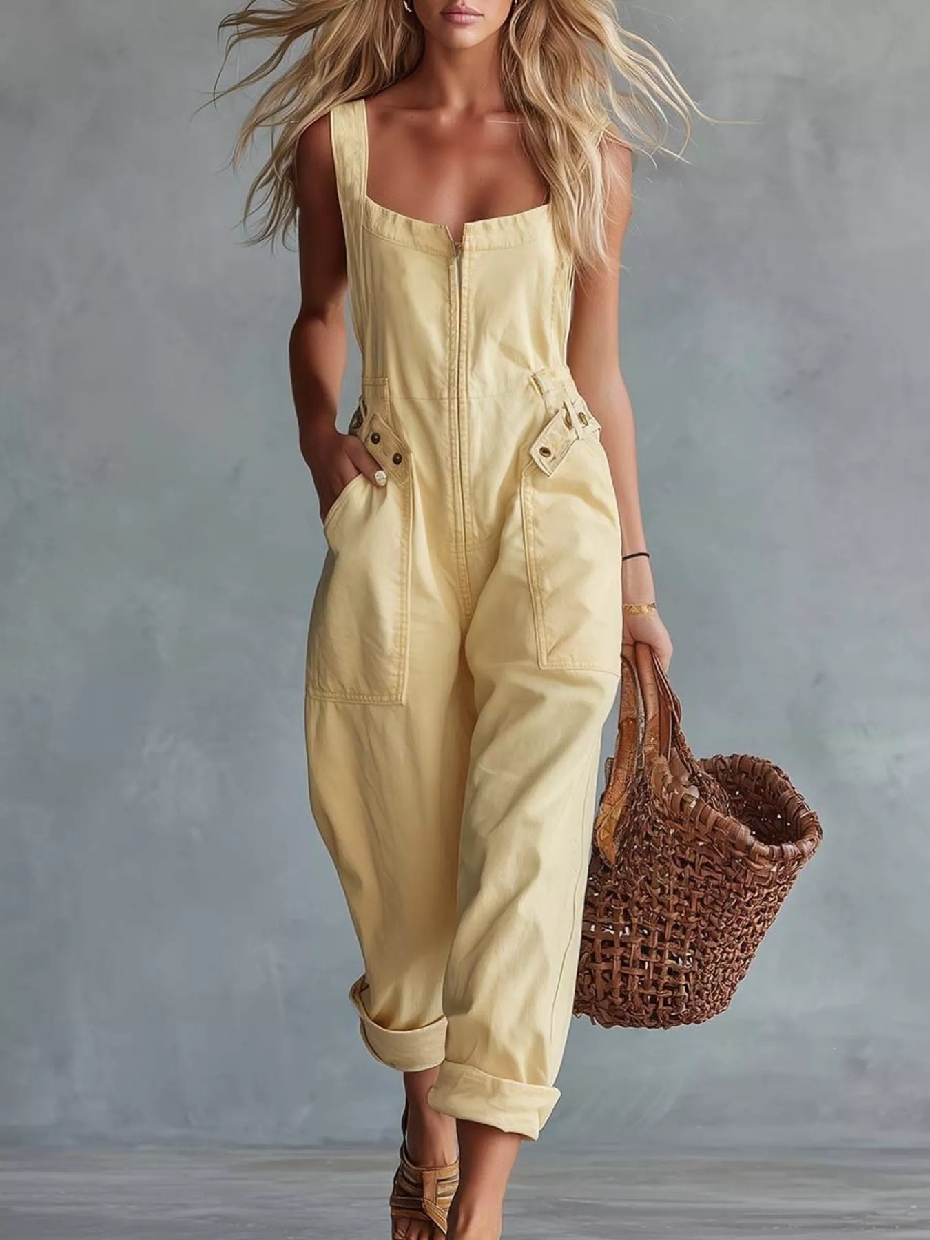 Trendsi Casual Sleeveless Zip Front Jumpsuit with Pockets -