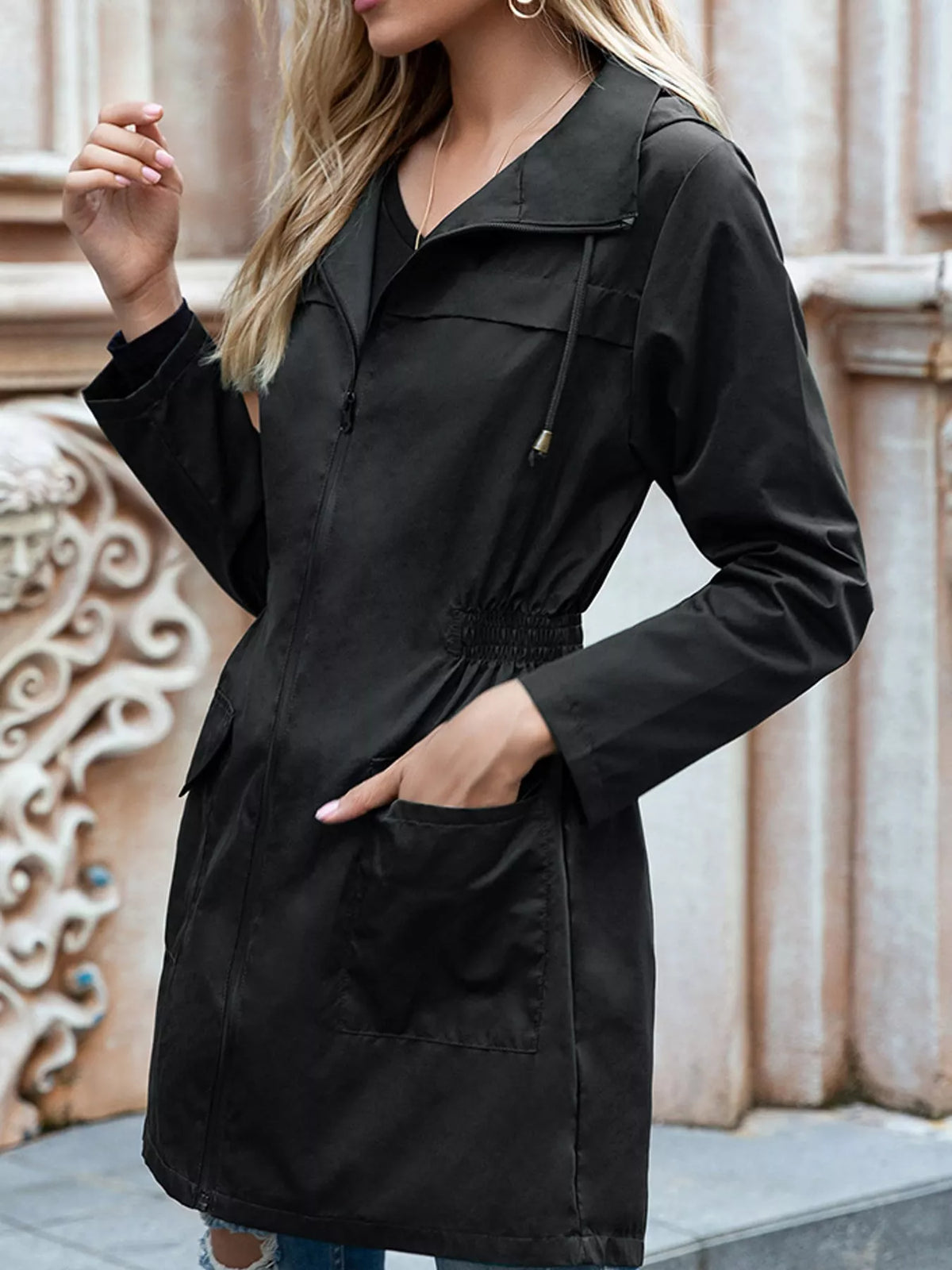 Women's Zip Up Drawstring Waist Hooded Jacket in black — side view