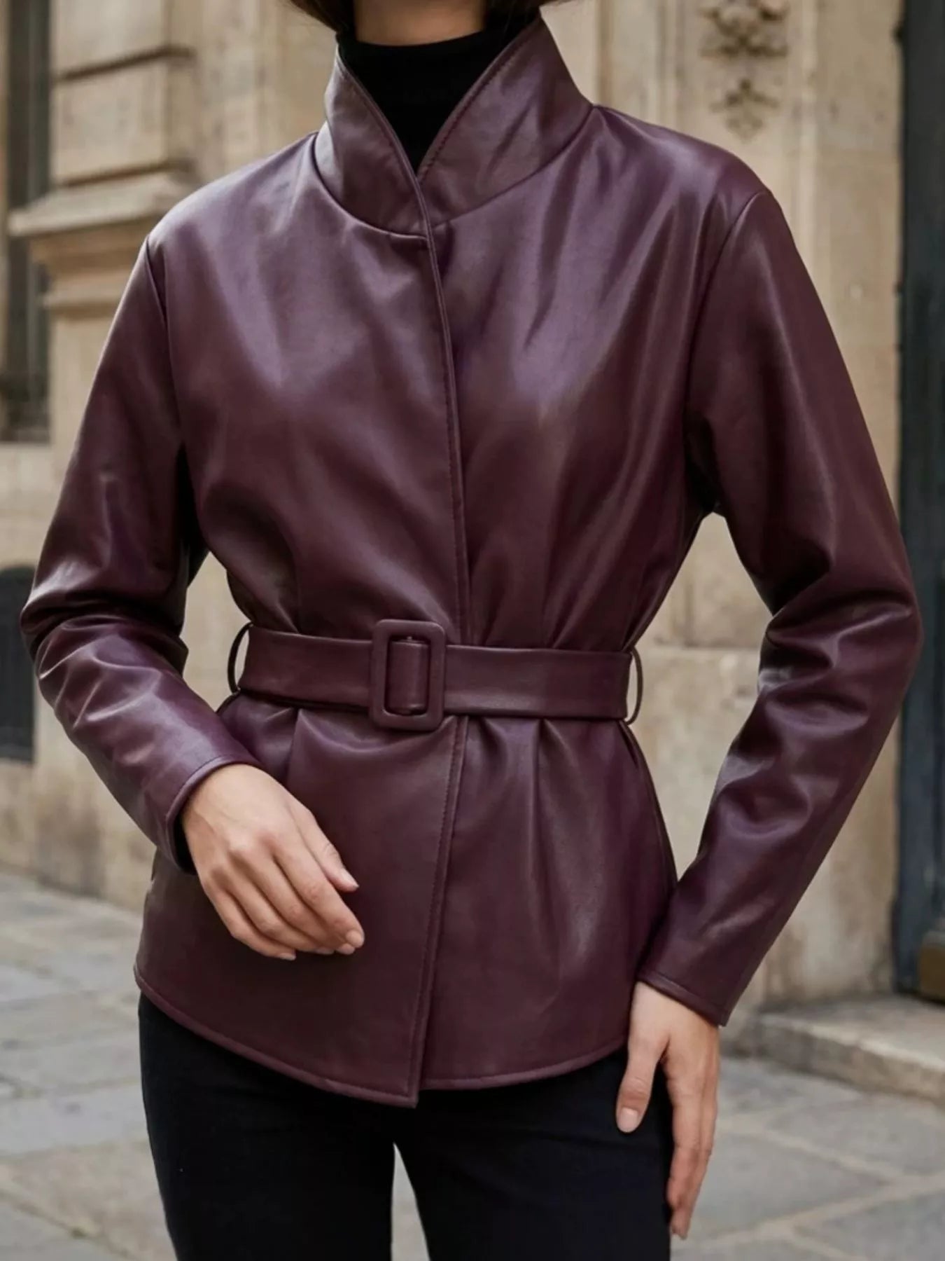 Trendsi Faux Leather Belted Jacket -