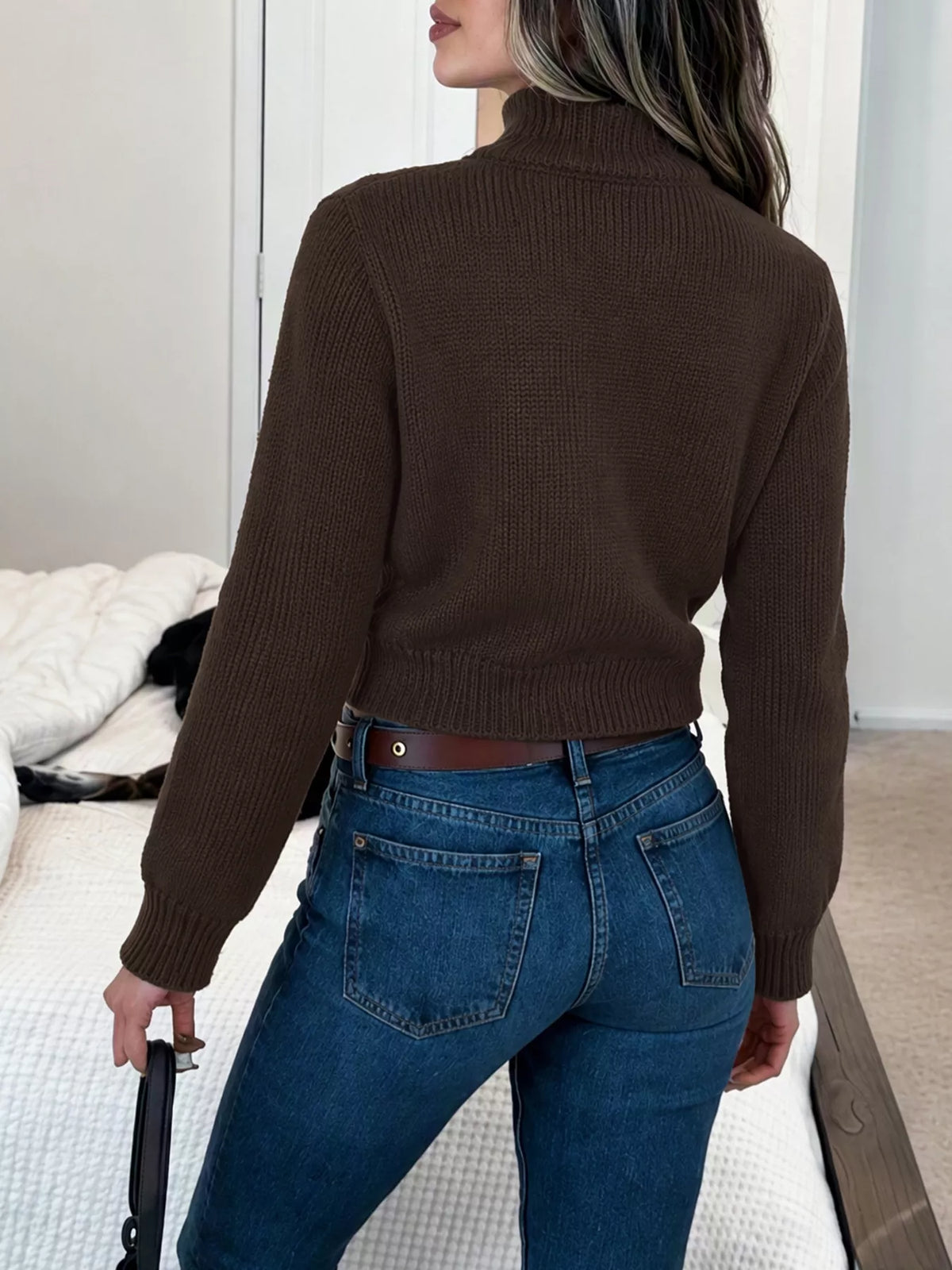 Brown horse zip-up cardigan, back view