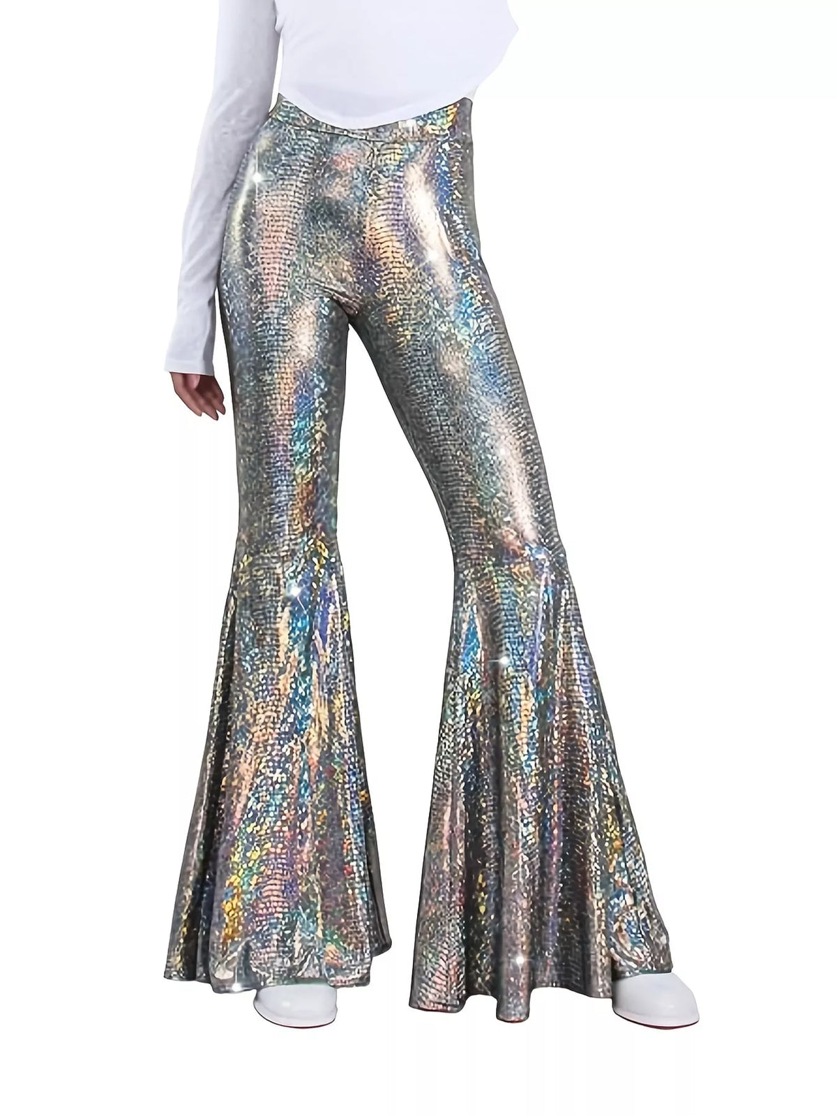 Iridescent silver high-waisted flare pants — front view