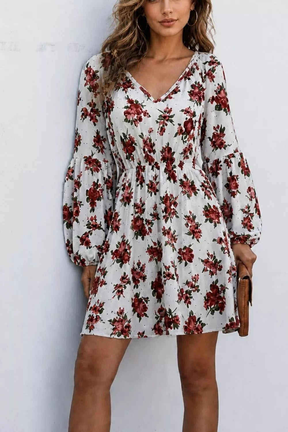 Trendsi Floral Print Balloon Sleeve Mini Dress -
