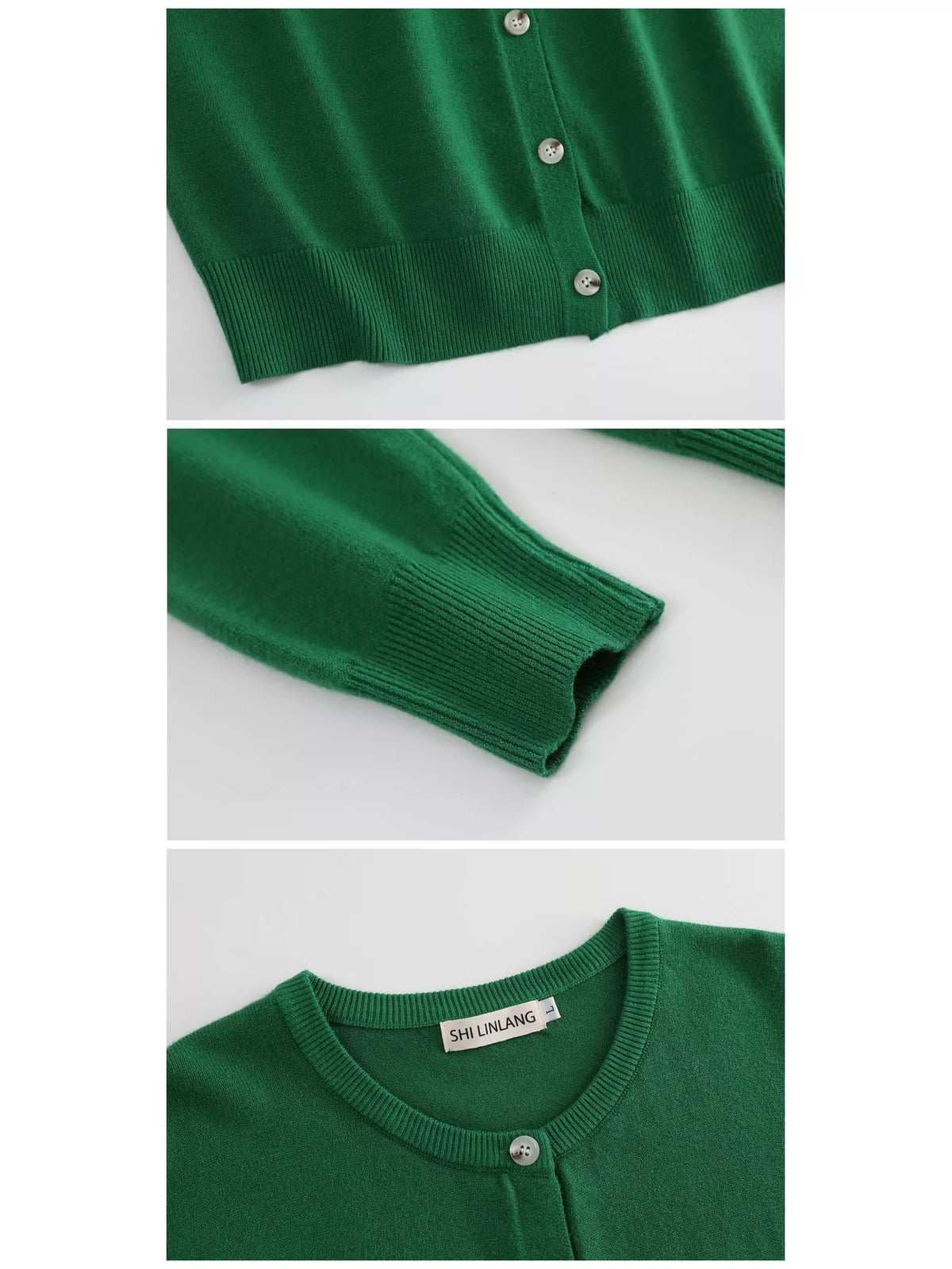 Green crew neck button down knit cardigan, detail view