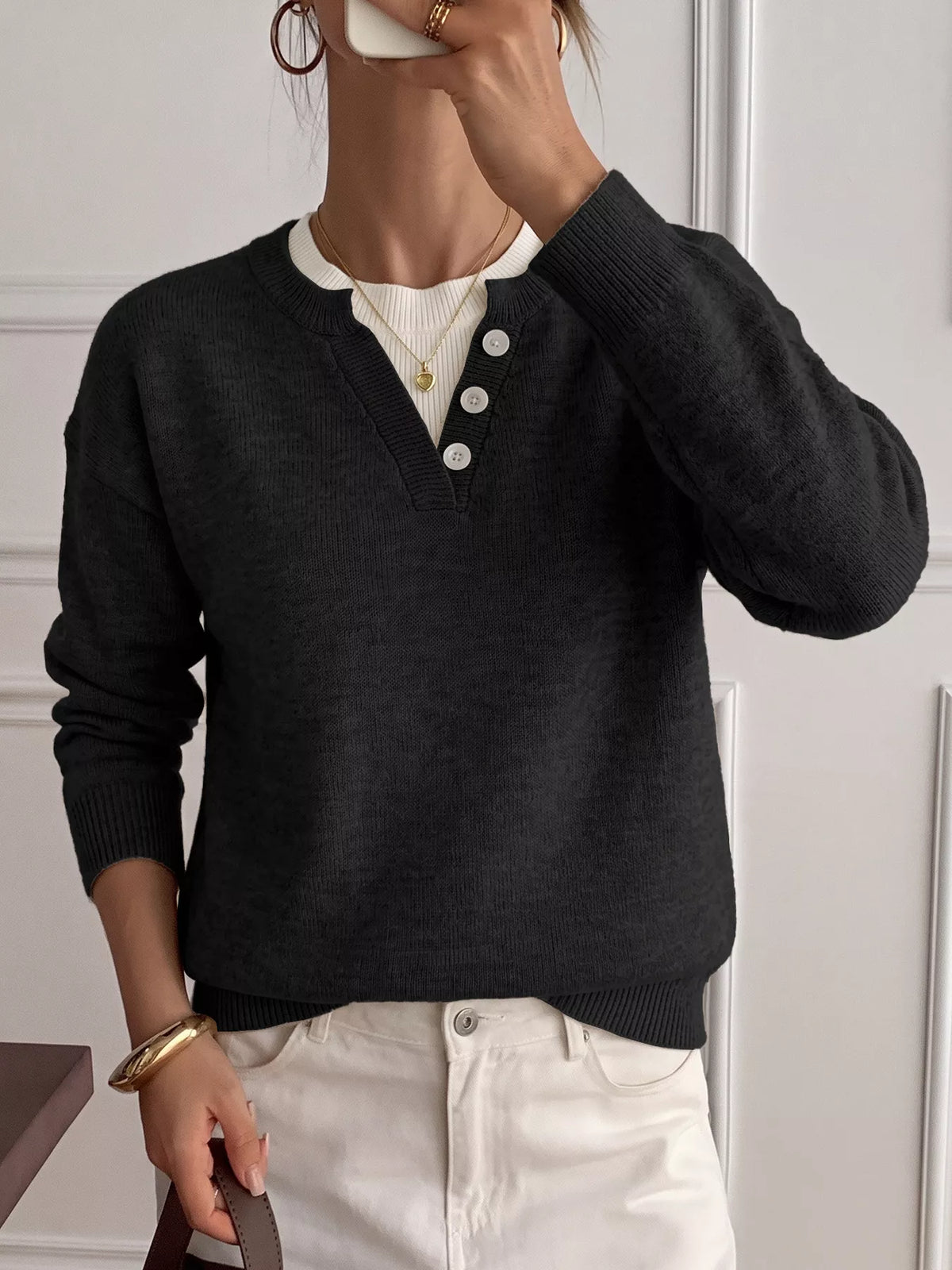 Trendsi Decor Button-Placket Ribbed Knit Sweater -