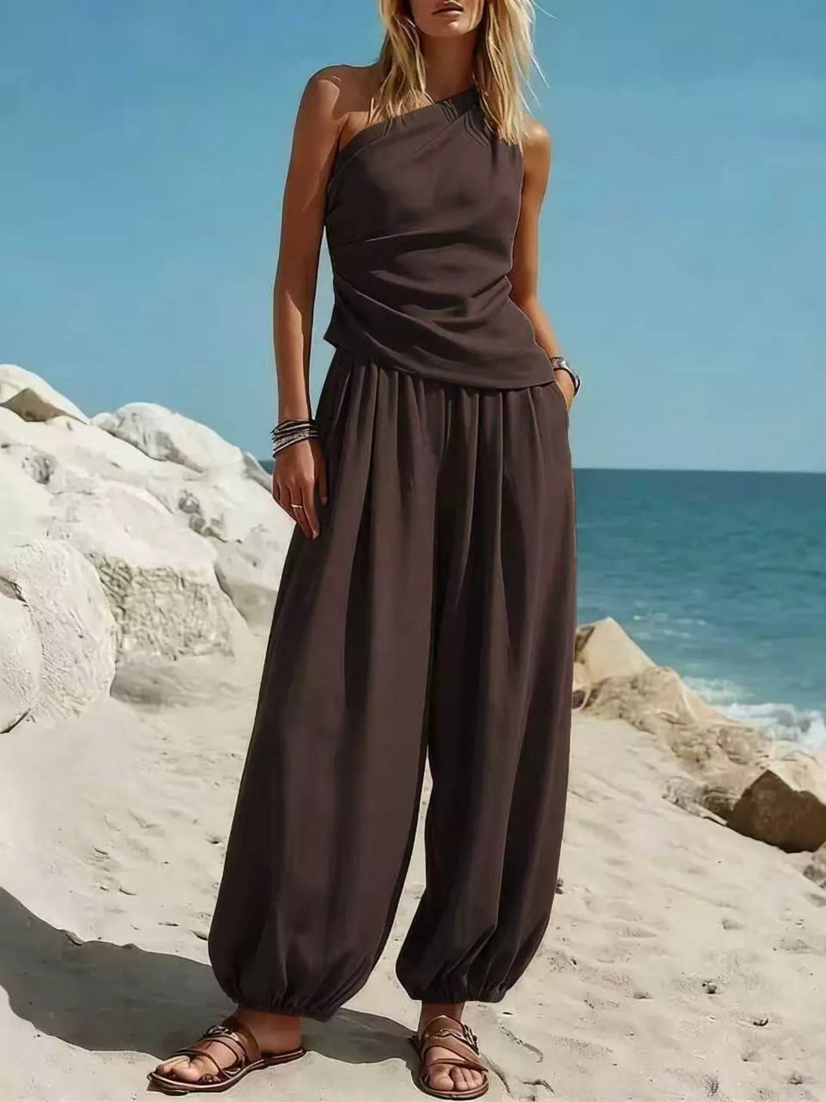 Women's One-Shoulder Sleeveless Top & Harem Pants Set — alternate view 12
