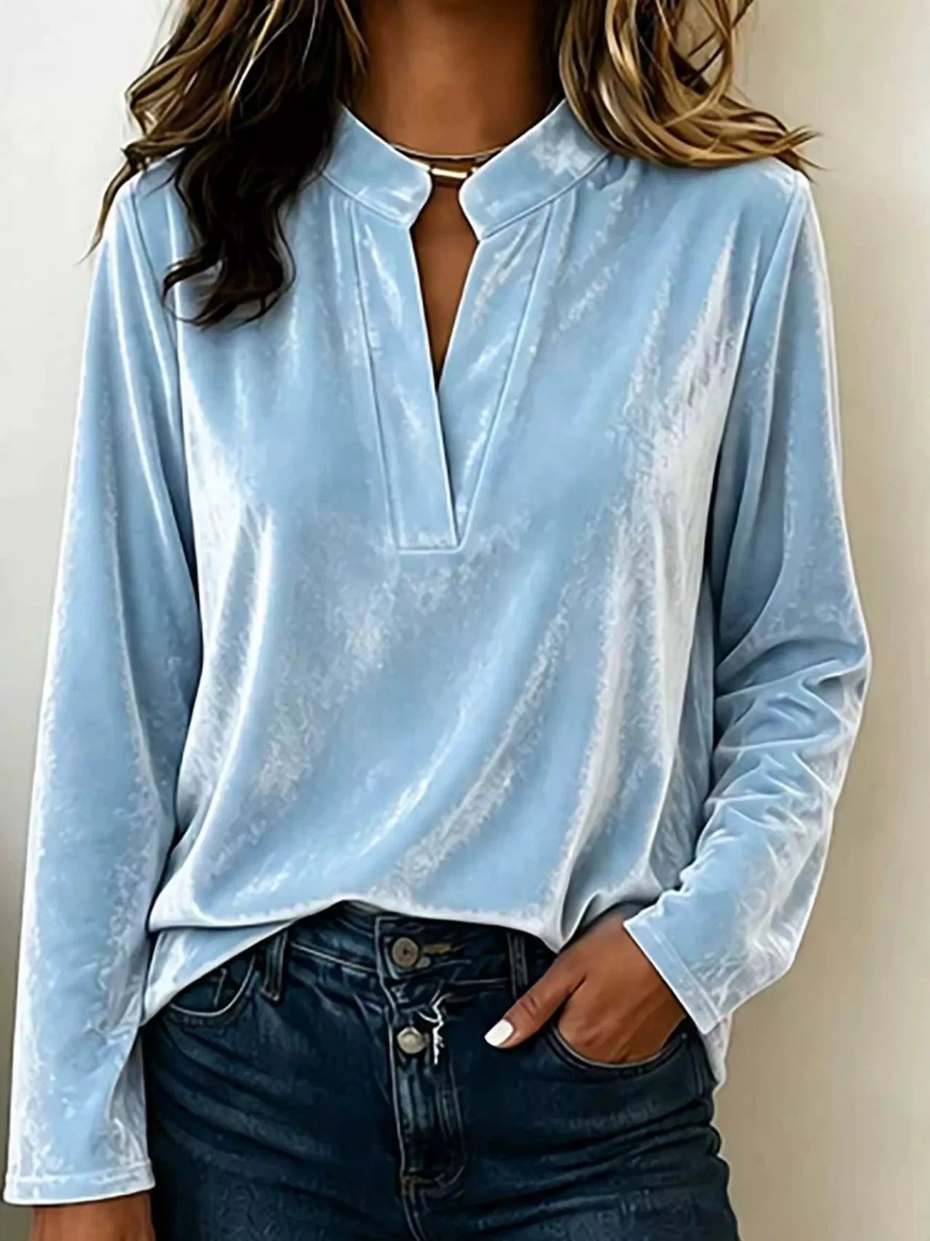 Trendsi Full Size Velvet Notched Long Sleeve Blouse Plus Size -