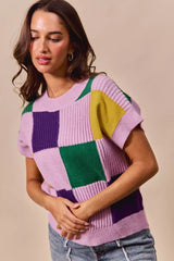 Trendsi SO ME Mardi Gras Check Plaid Casual Sweater Top -