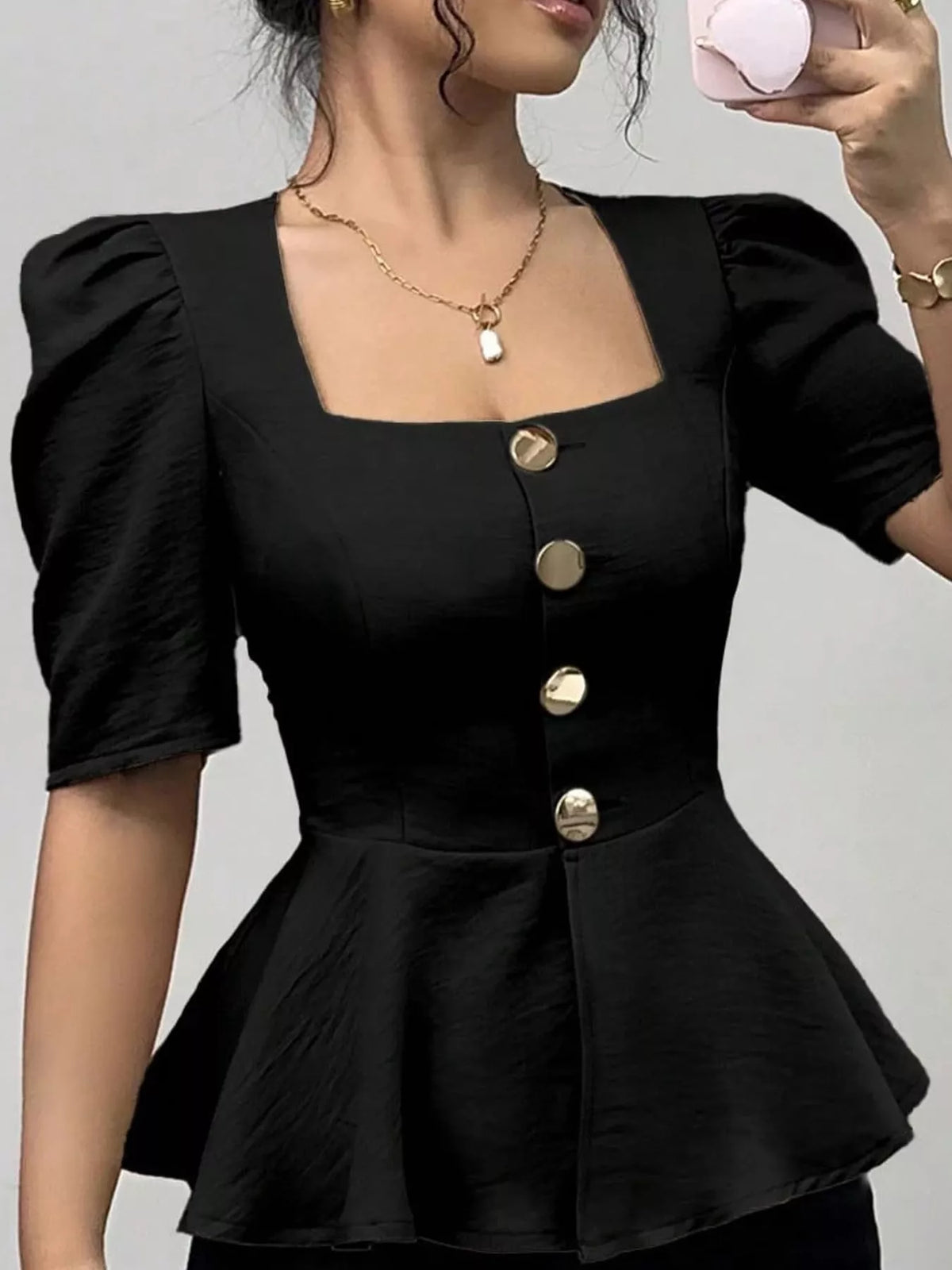 Women's Square Neck Puff Sleeve Peplum Blouse in black — front view