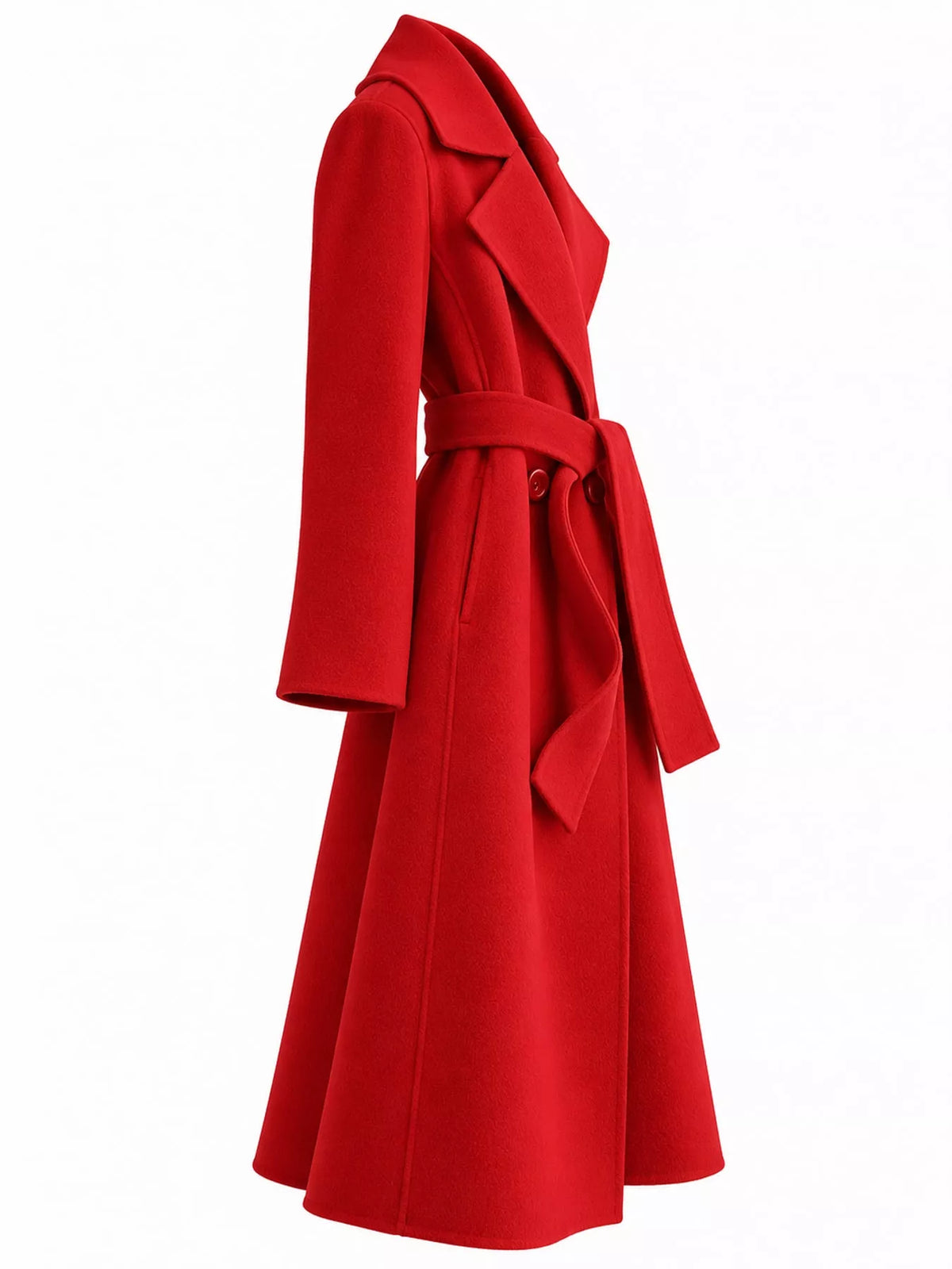 Red belted longline wool coat, side view