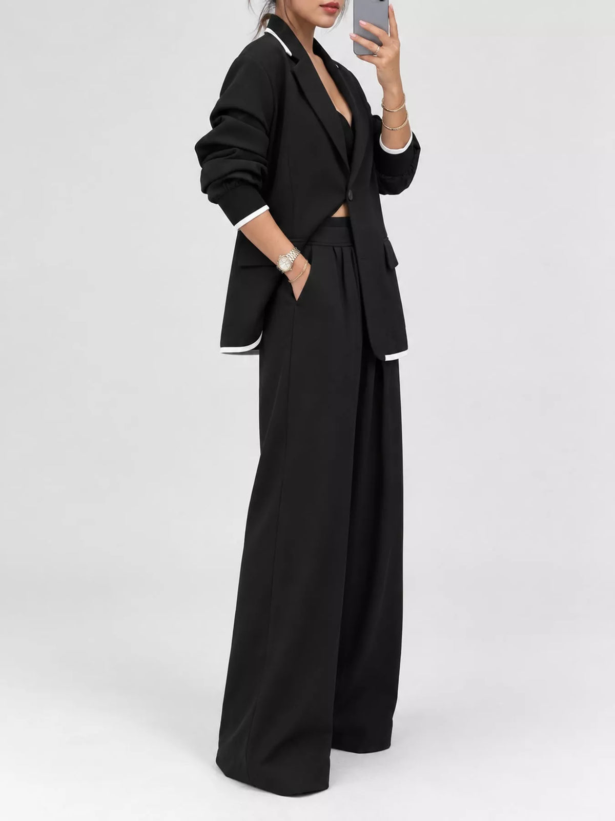 Black contrast-trim blazer and wide-leg pants set