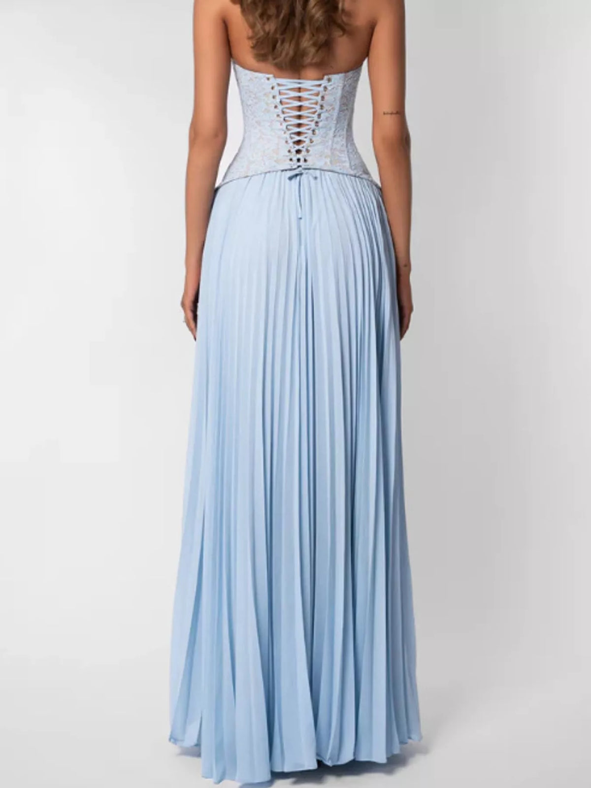 Lace Halter Neck Pleated Maxi Dress — back view