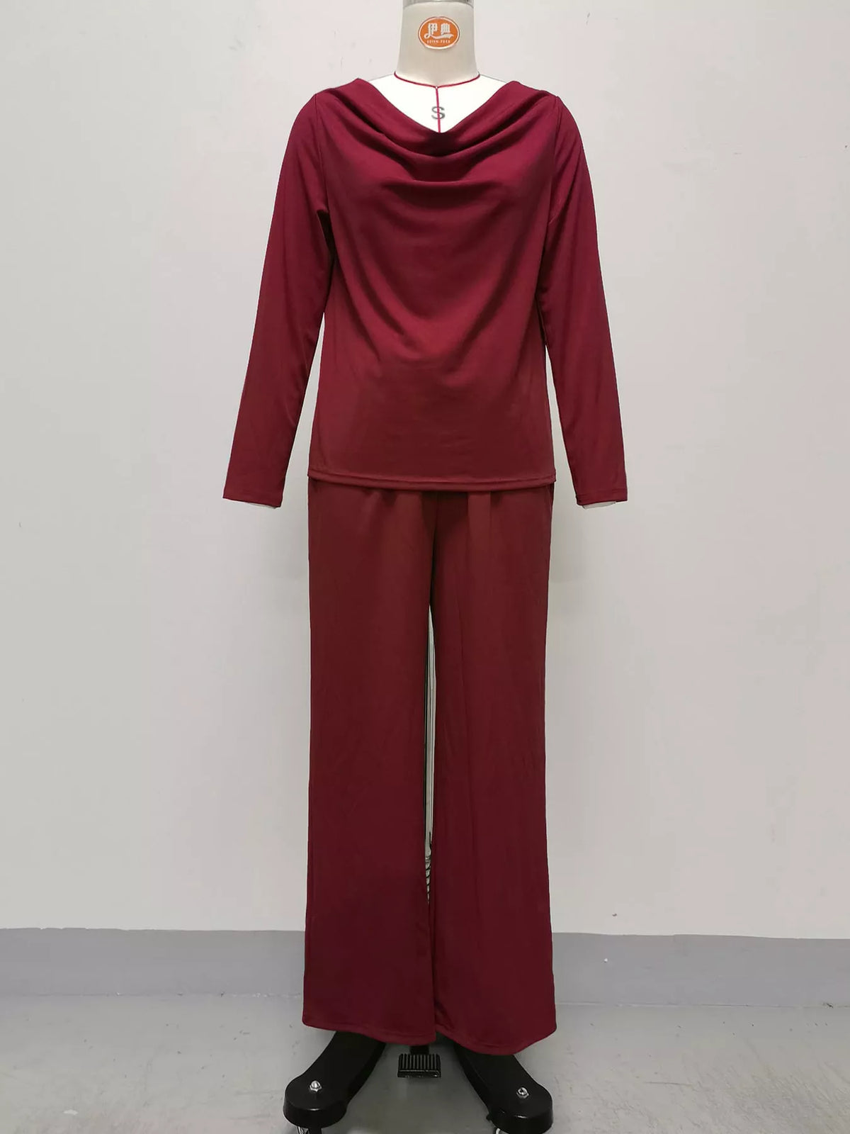 Burgundy cowl neck top, cardigan and pants set, front view