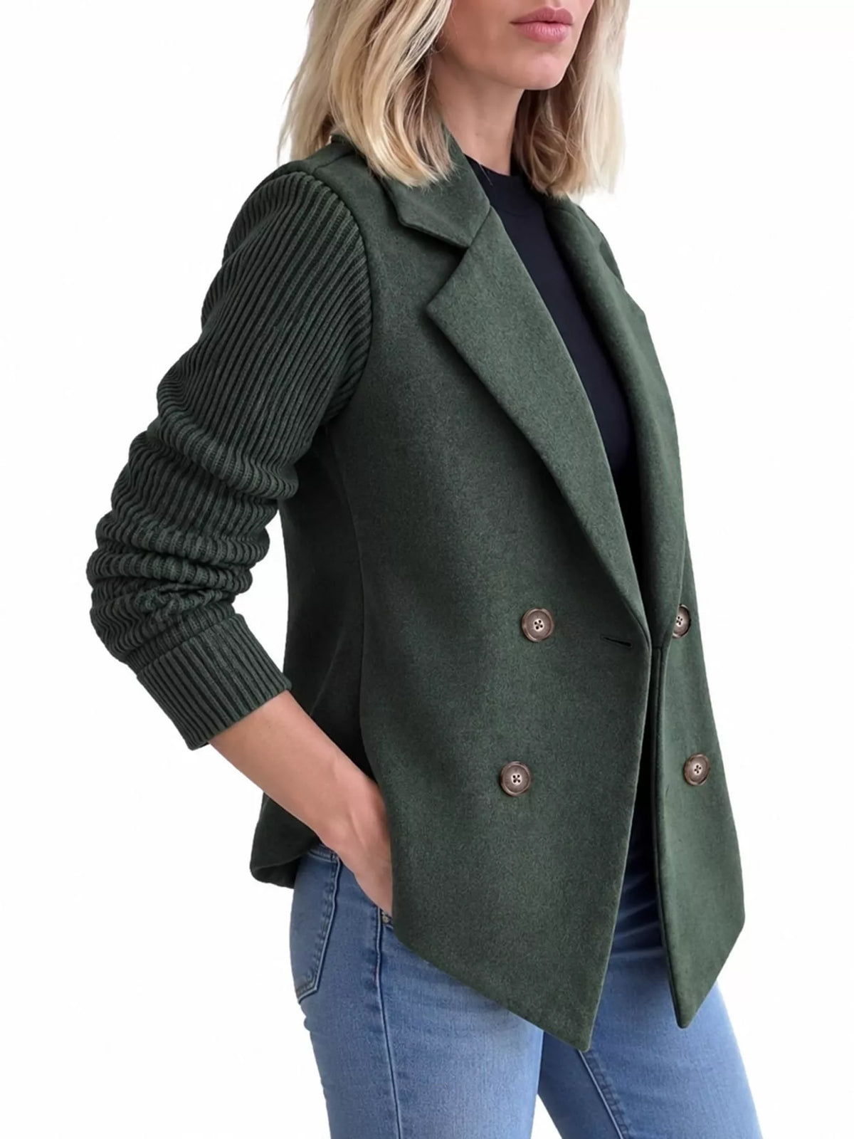 Army Green double-breasted blazer with ribbed knit sleeves
