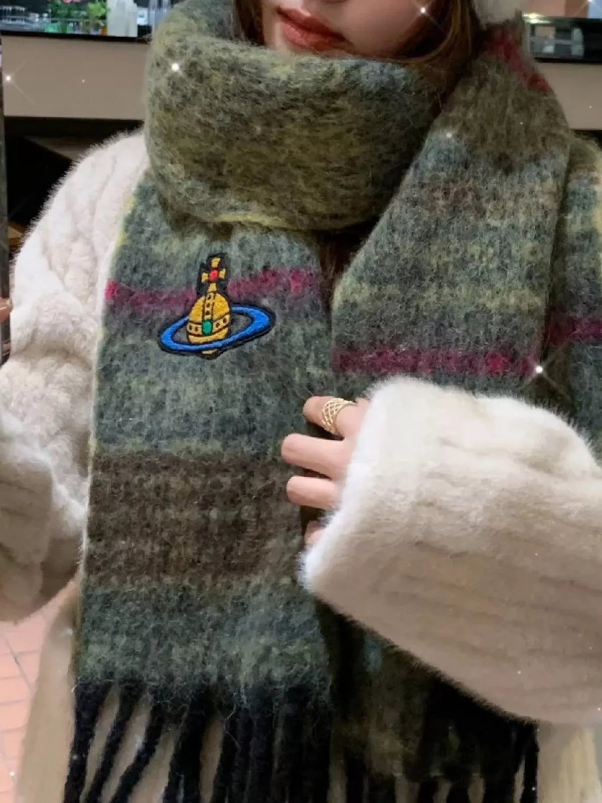 Embroidered Orb Logo Plaid Scarf, construction and design details