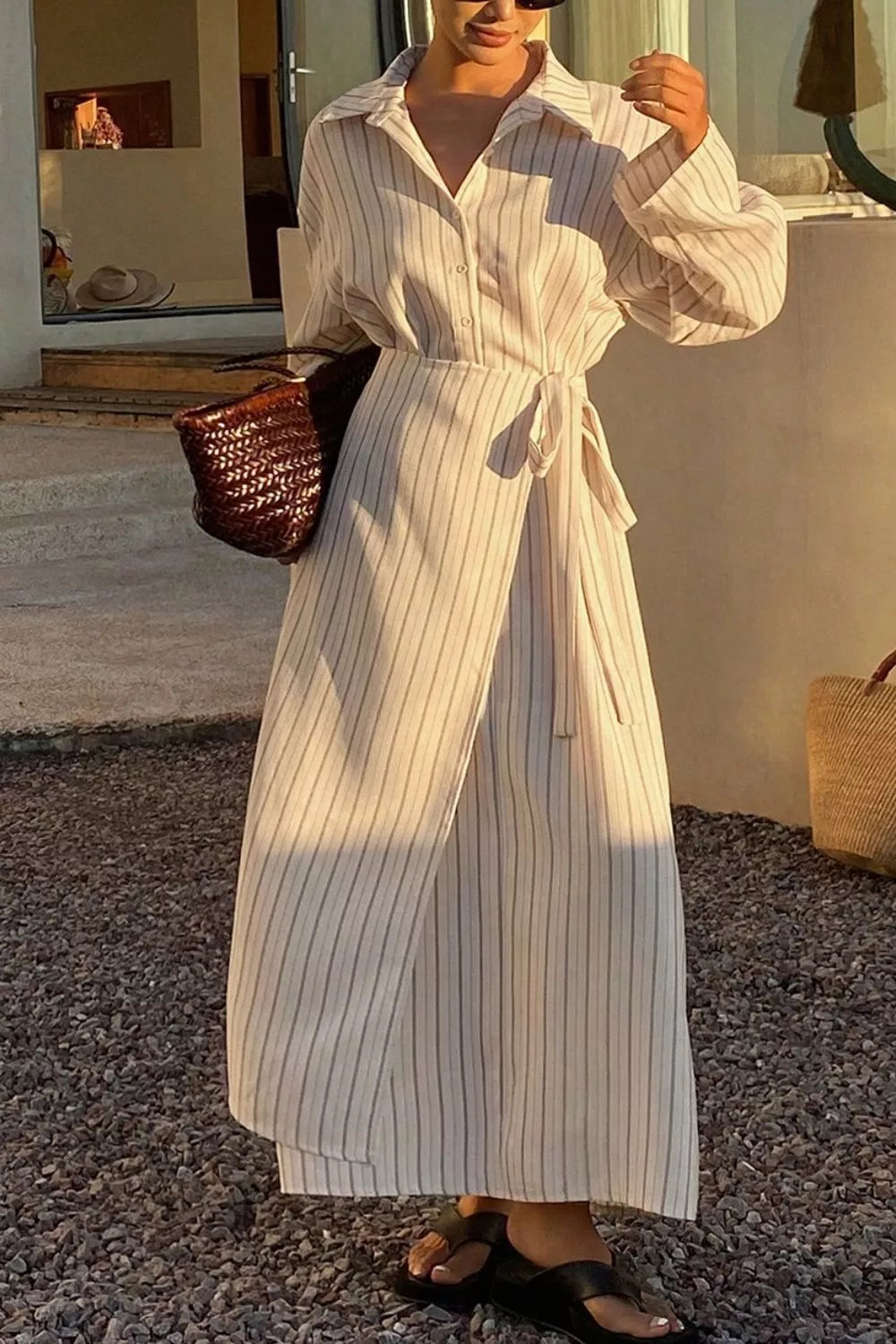 Striped button-down shirt dress with waist tie