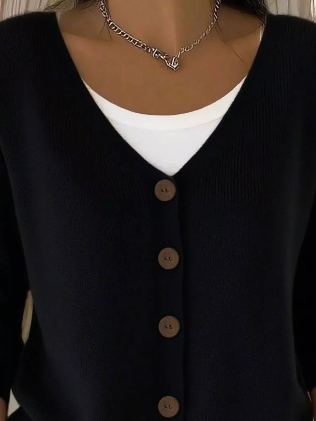 Women's V-Neck Button-Down Knit Cardigan in black — front view