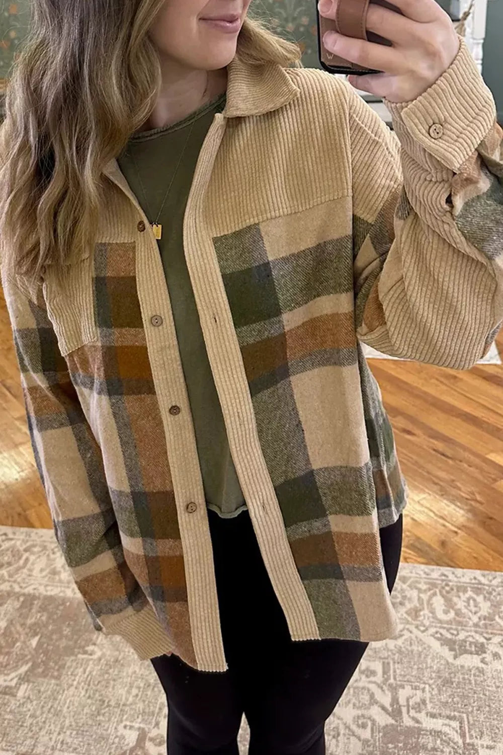 Trendsi Retro Plaid Corduroy Patchwork Shacket -