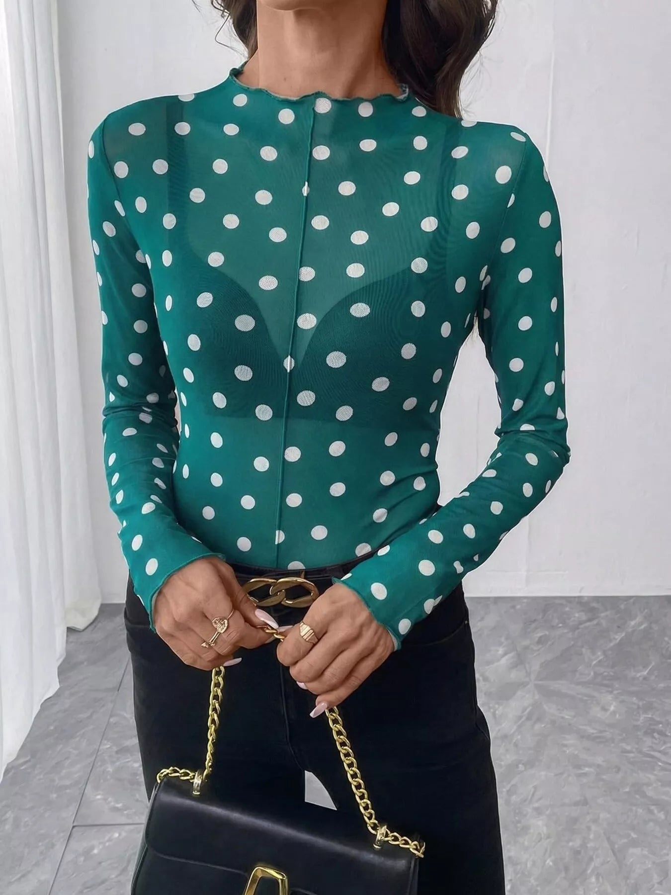 Trendsi Sheer Polka Dot Long Sleeve Mock Neck Top -