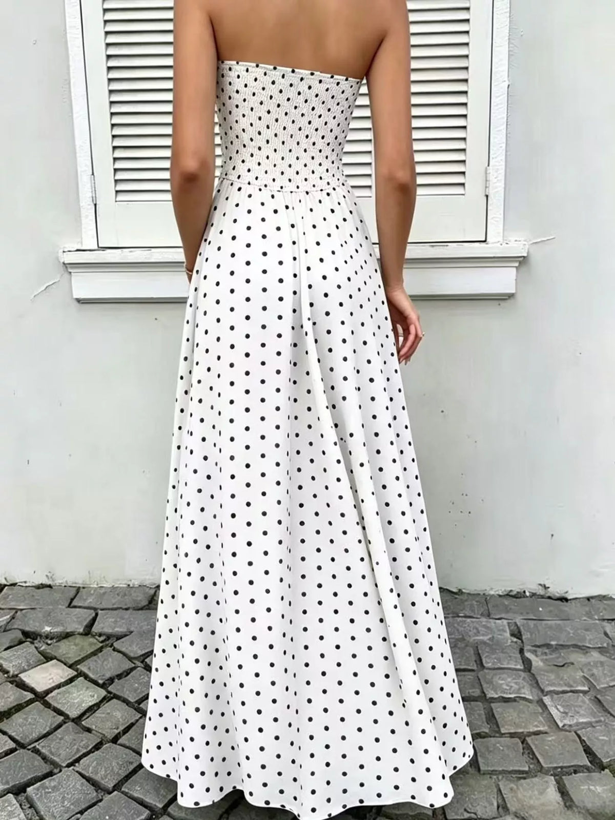 Women's Strapless Polka Dot Ruched Maxi Dress in white dots — back view
