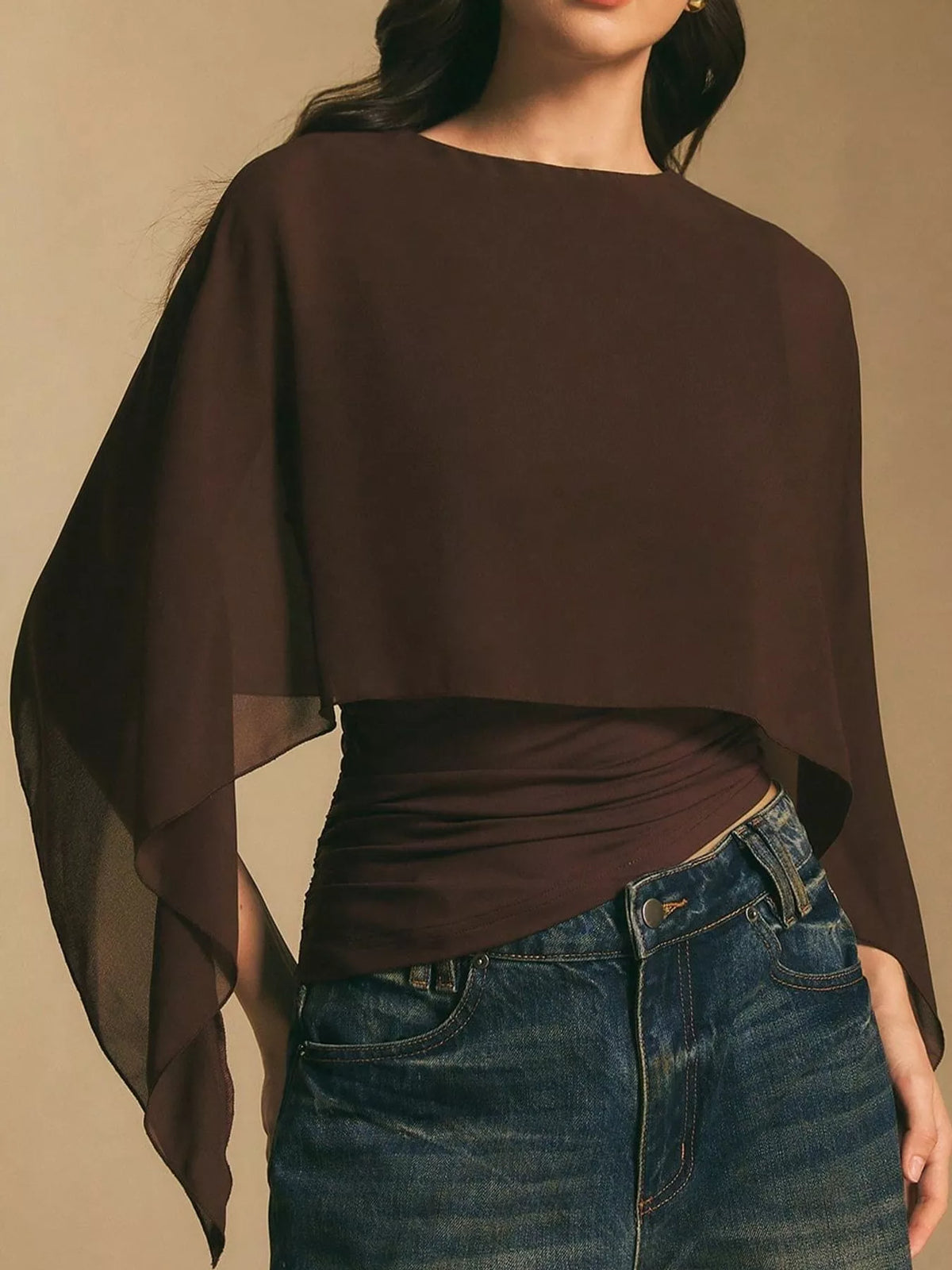 Coffee cape sleeve round neck blouse