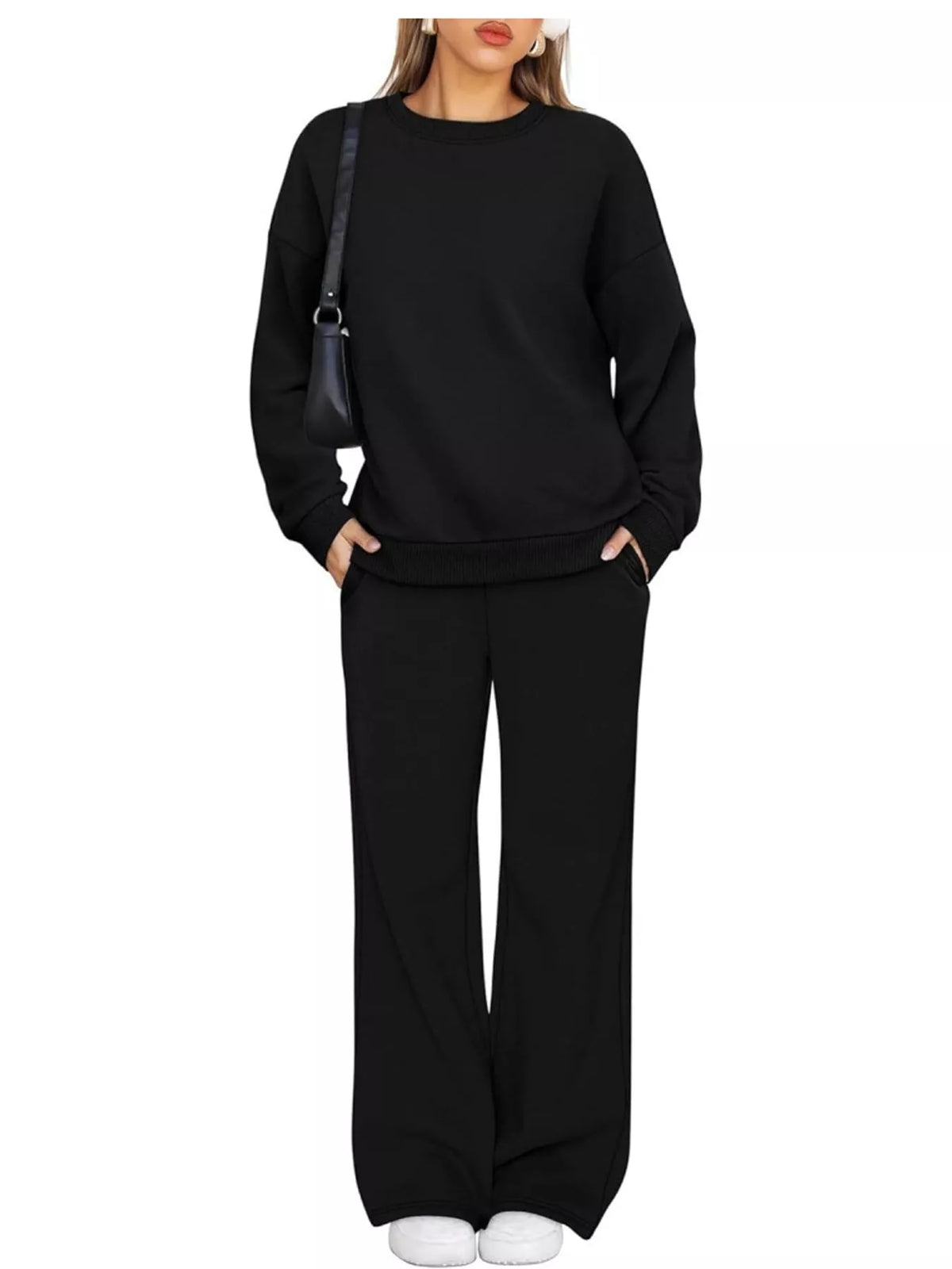Crewneck Drop Shoulder Sweatshirt and Wide-Leg Pants Set — front view
