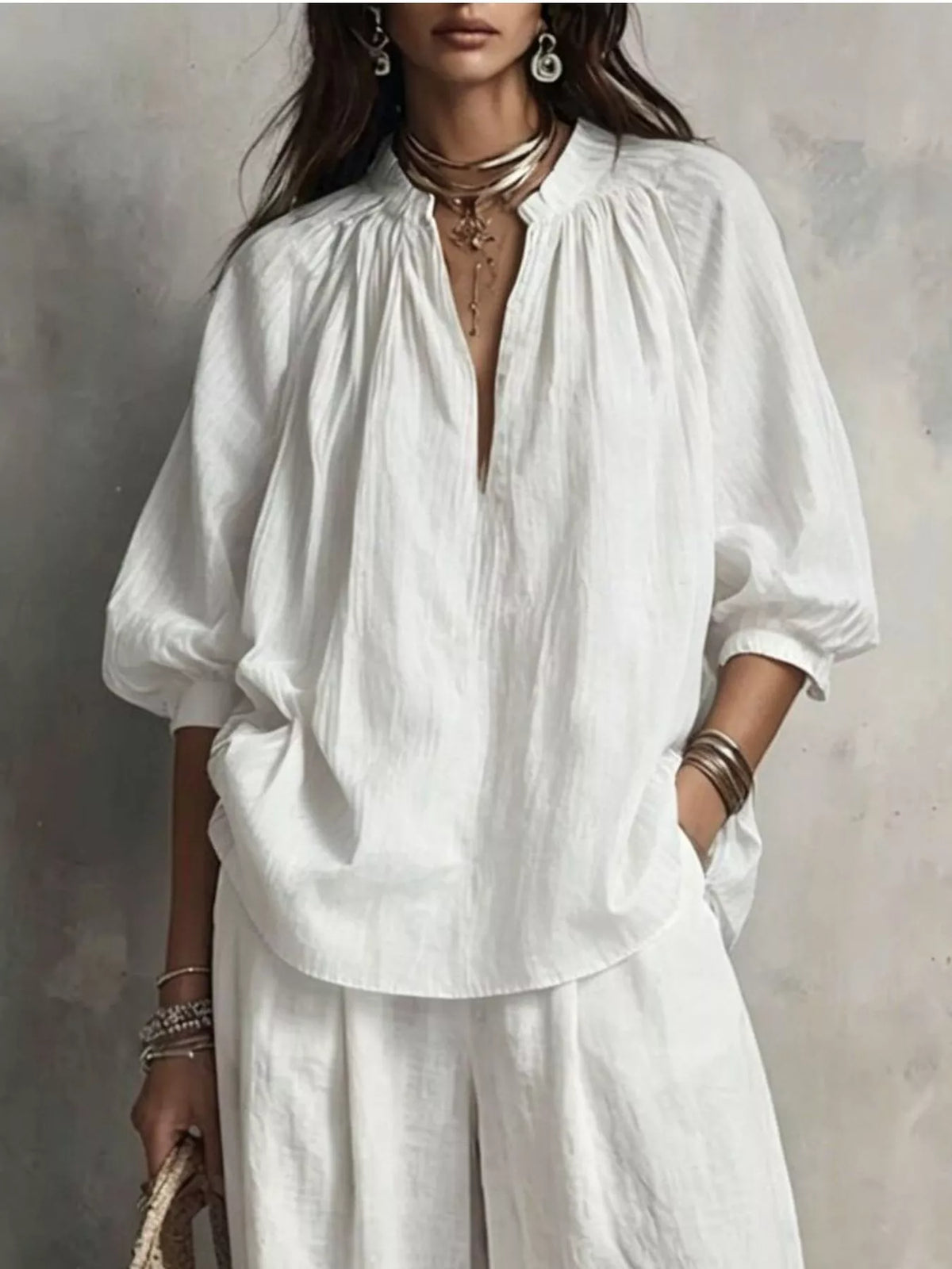 White Notched Long Sleeve Blouse & Wide-Leg Pants Set neckline detail