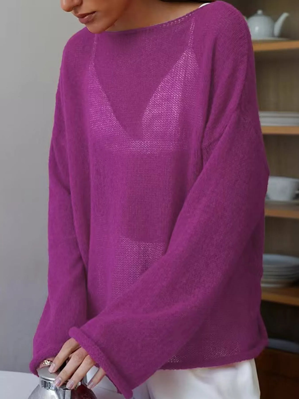 Purple sheer openwork knit long sleeve top