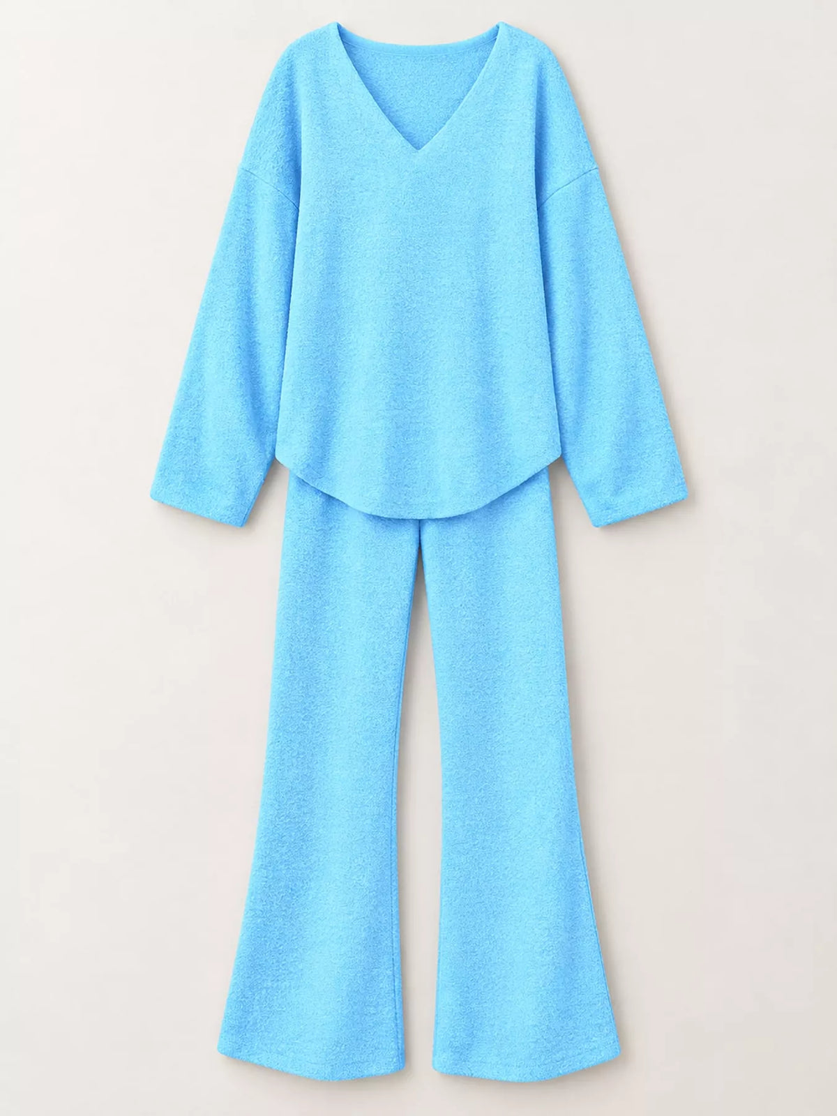 V-Neck Top and Wide Leg Pants Lounge Set in light blue