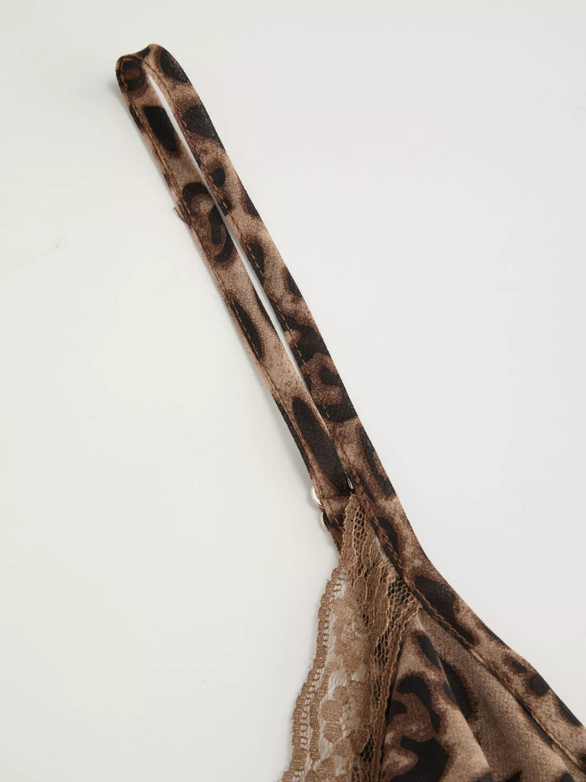 Brown leopard print ruffled lace trim cami, adjustable shoulder strap and neckline edge