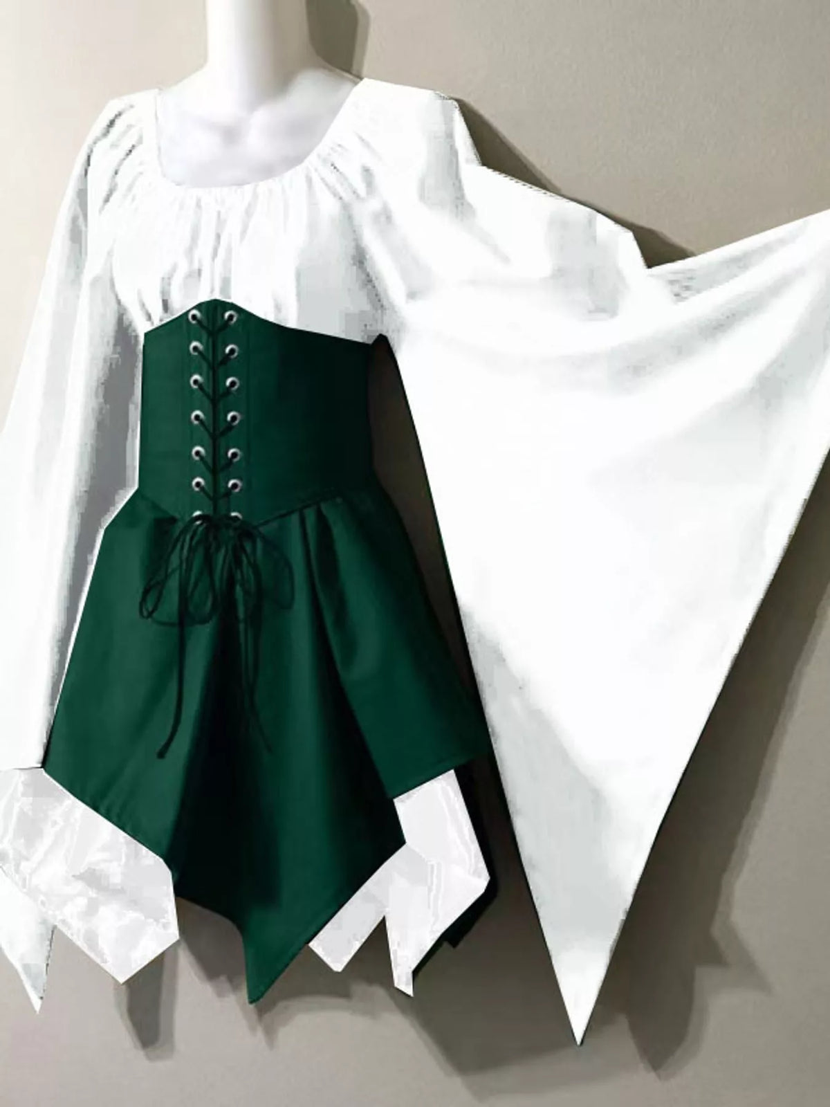 Lace-up asymmetric dress, white green front