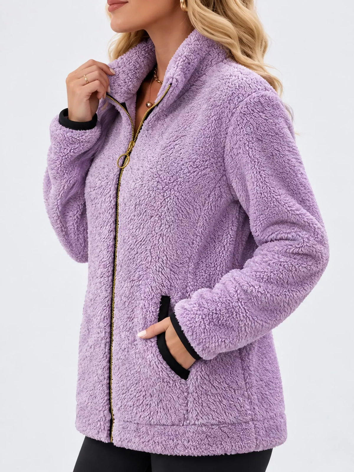 Contrast-trim fleece jacket, lilac side