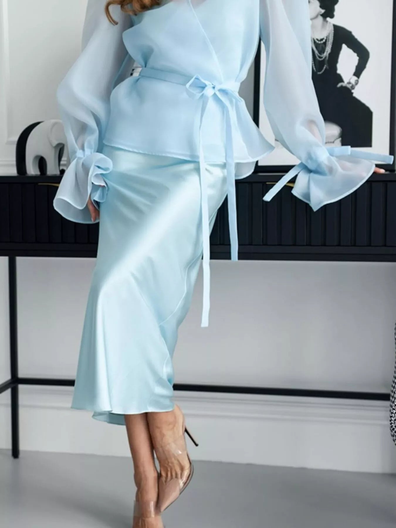 Trendsi Flounce Sleeve Blouse and Satin Midi Skirt Two-Piece Set -