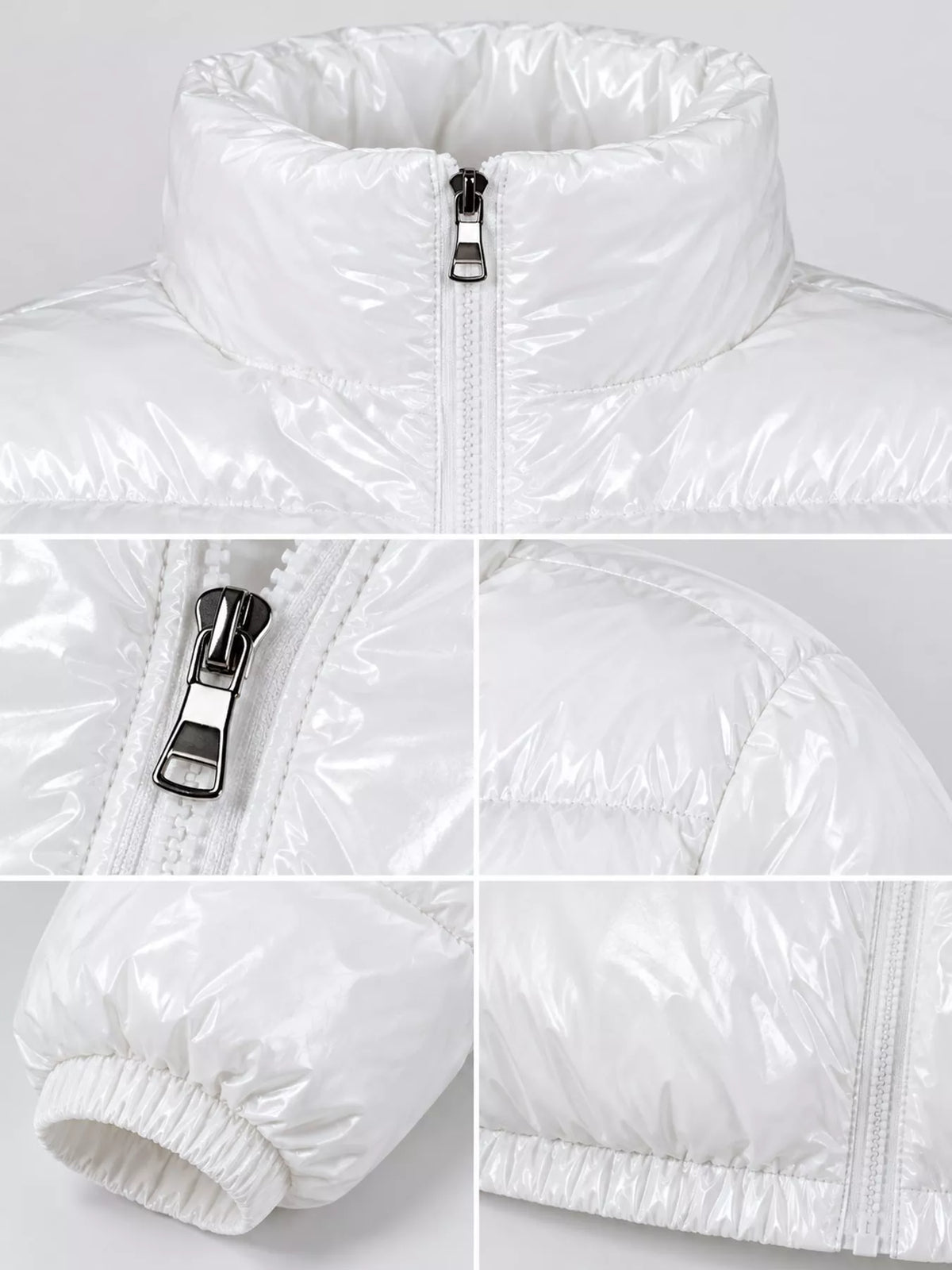 Glossy Stand-Collar Zip-Up Puffer Jacket — garment construction details