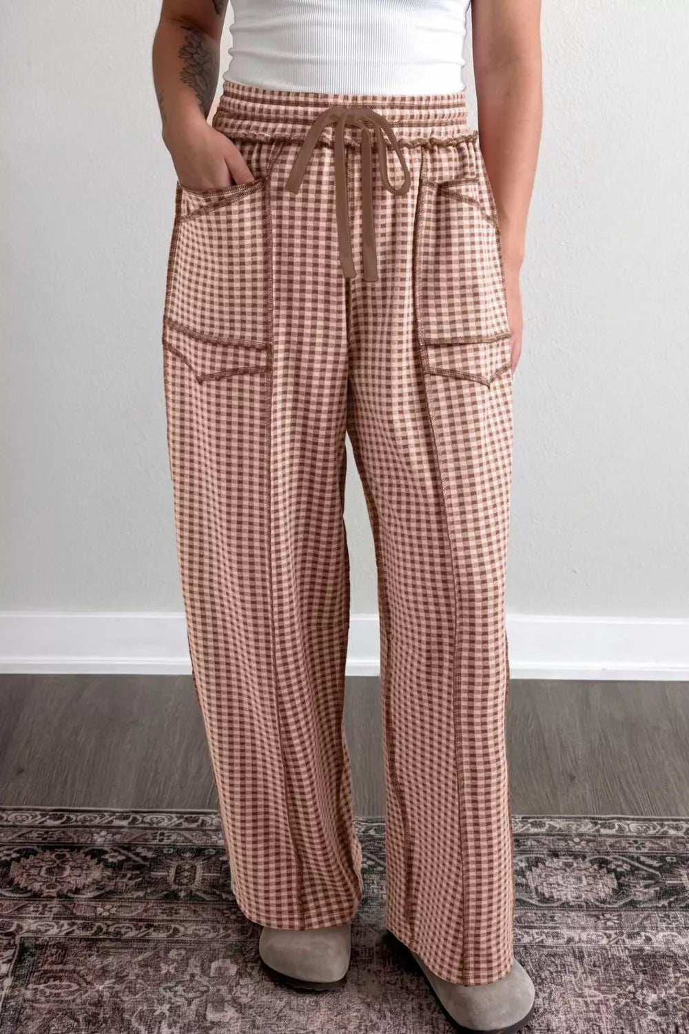 High-Waisted Gingham Drawstring Wide-Leg Pants — front view