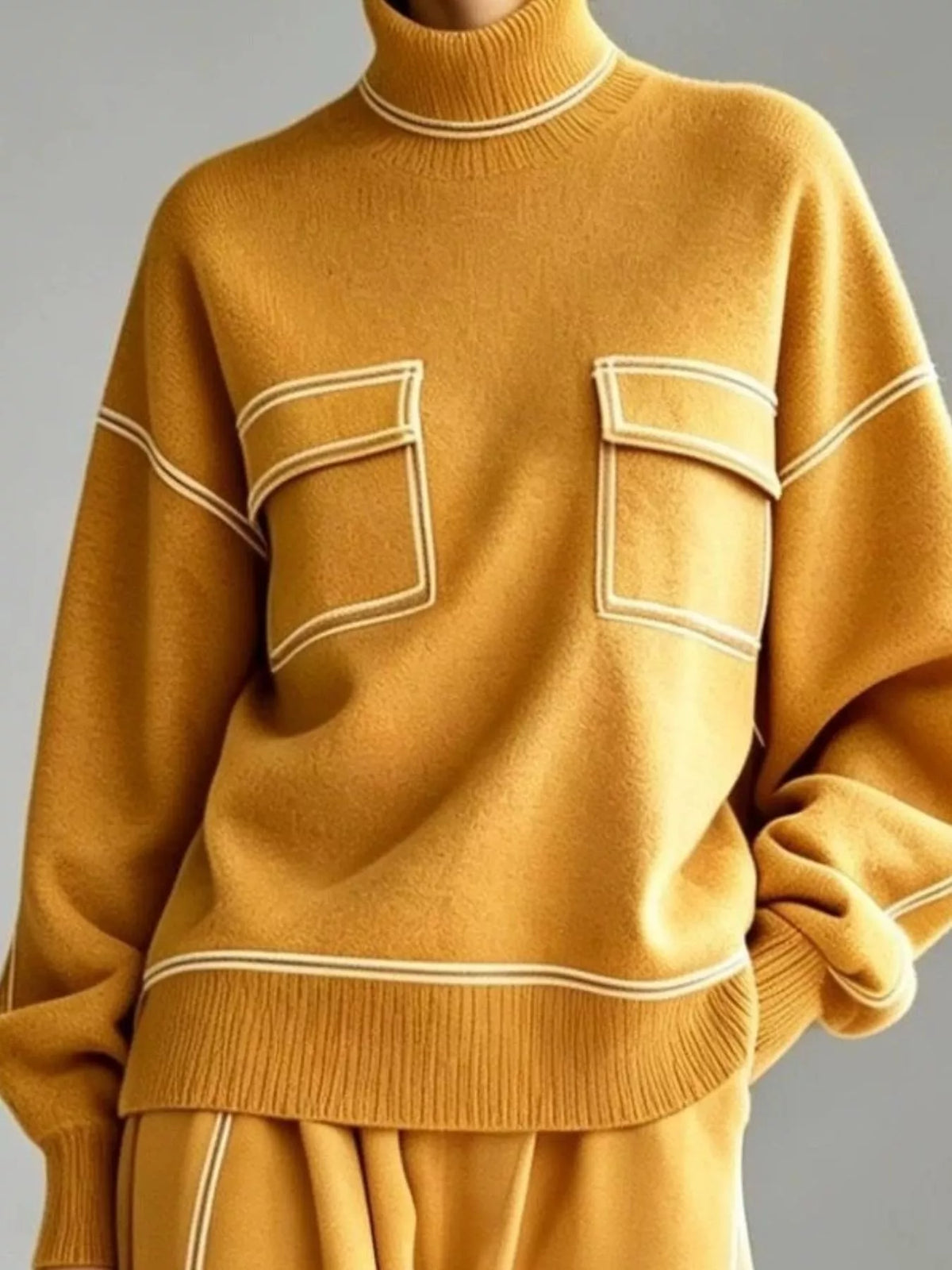 Sweater and skirt set, mustard knit detail