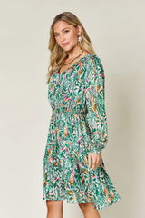 Trendsi Double Take Full Size Printed Drawstring Waist Long Sleeve Dress -