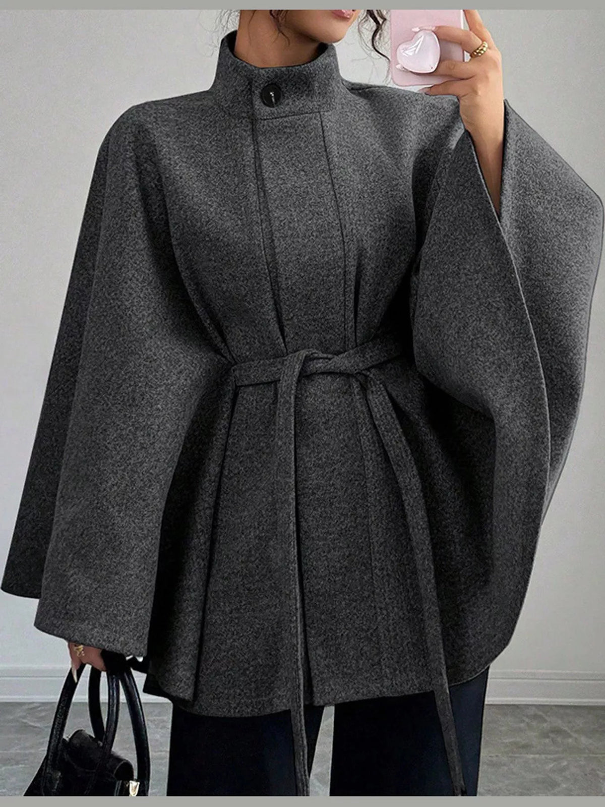 Charcoal tie-waist cape — front view
