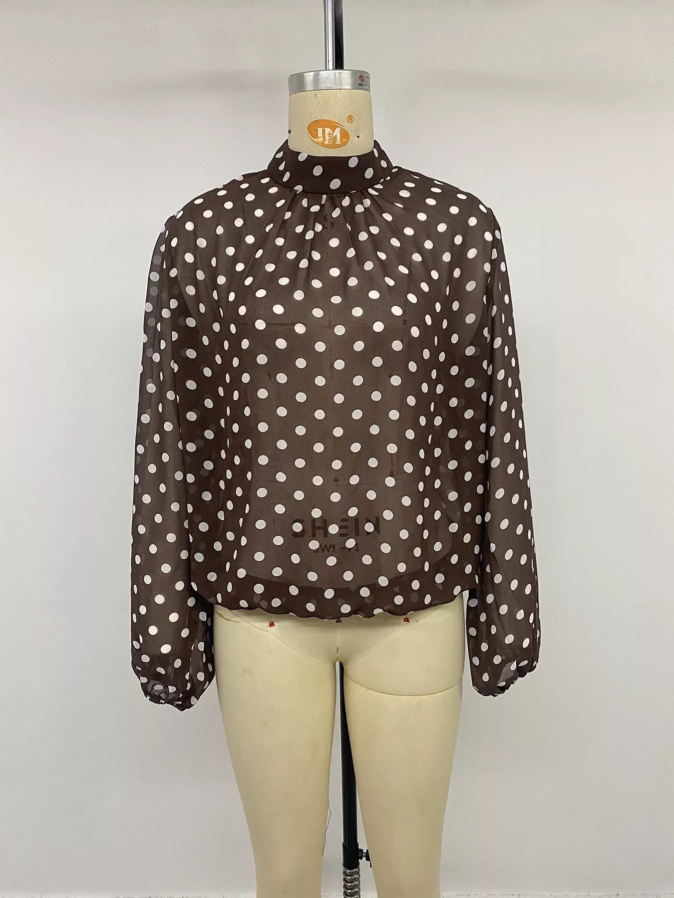 Trendsi Polka Dot Mock Neck Long Sleeve Blouse -