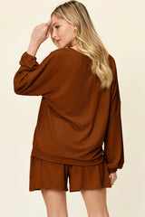 Trendsi Double Take Full Size Texture V-Neck Long Sleeve T-Shirt and Shorts Set - Shorts