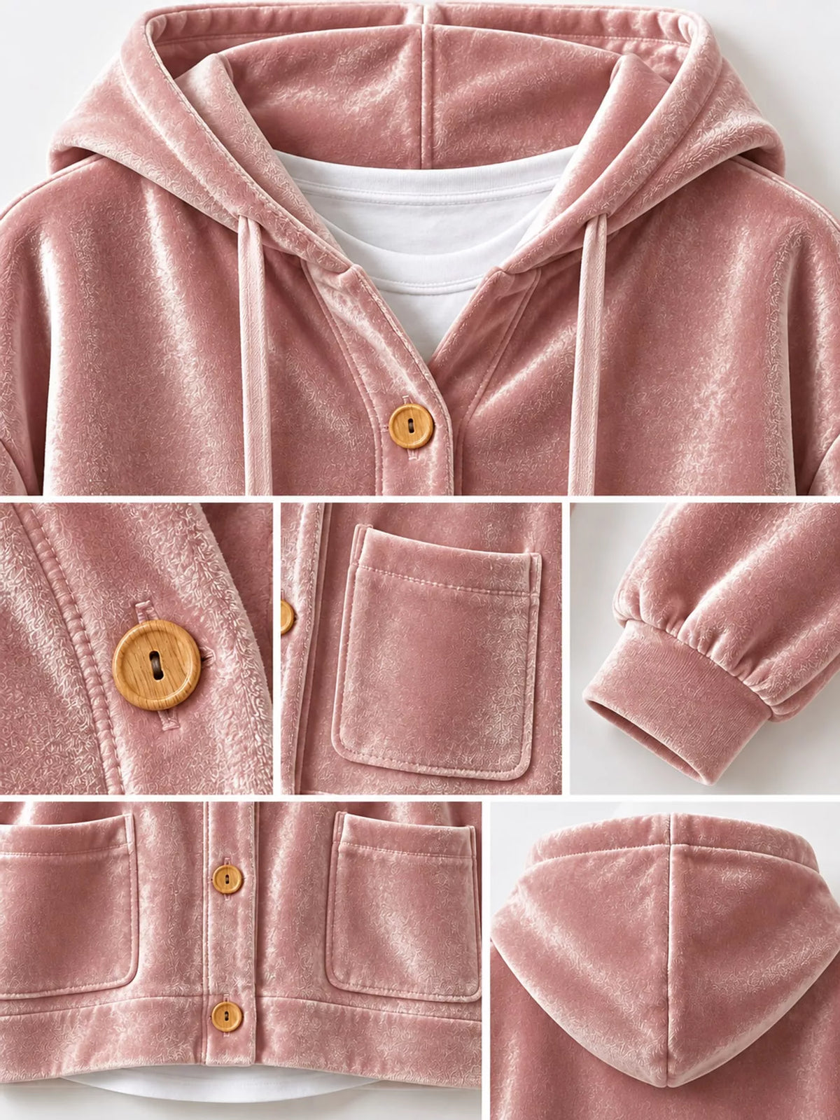 Pink velvet dropped shoulder hoodie, detail view
