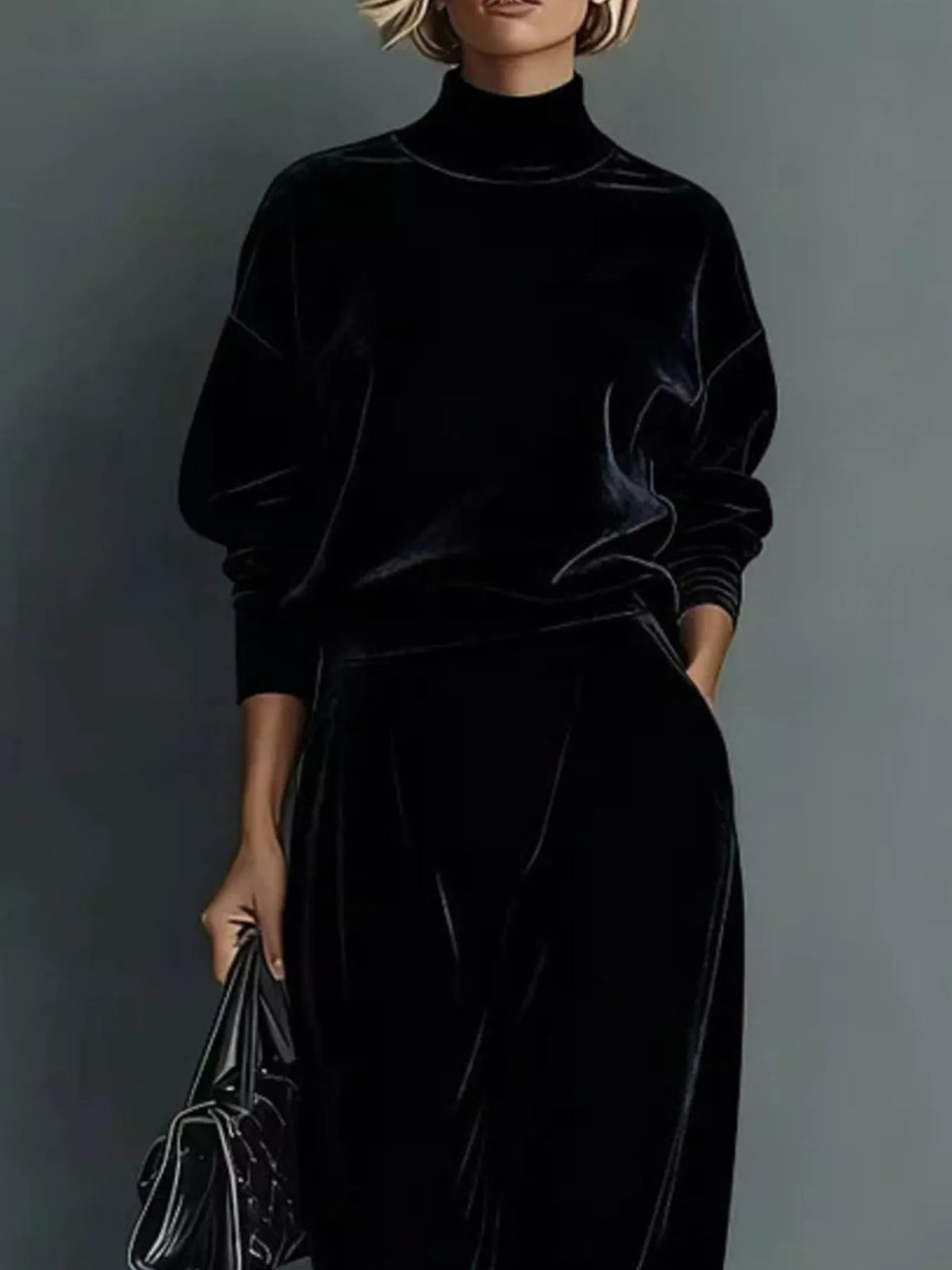 Black velvet mock-neck top and wide-leg pants set, top and waist detail.