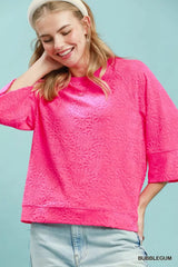 Trendsi Round Neck Textured Floral Terry Blouse -