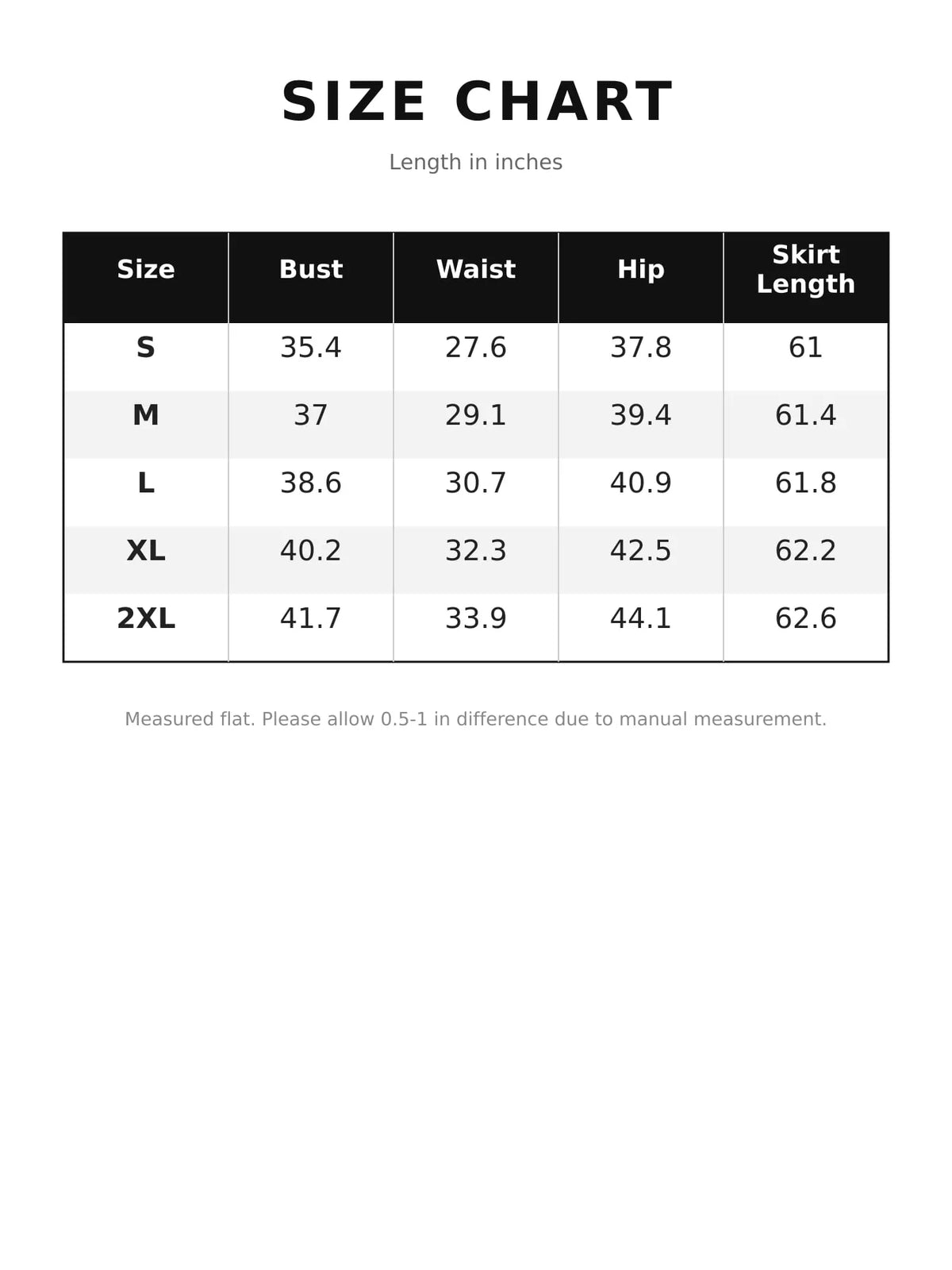 Size chart for flared denim cargo jumpsuit